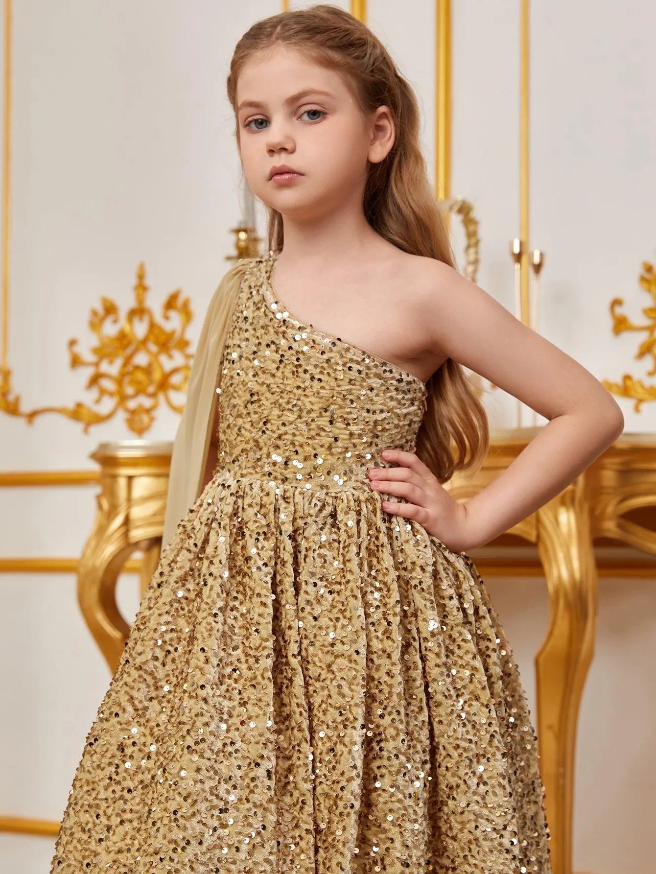 Tween Girls' One Shoulder Draped Side Sequin A-line Dress