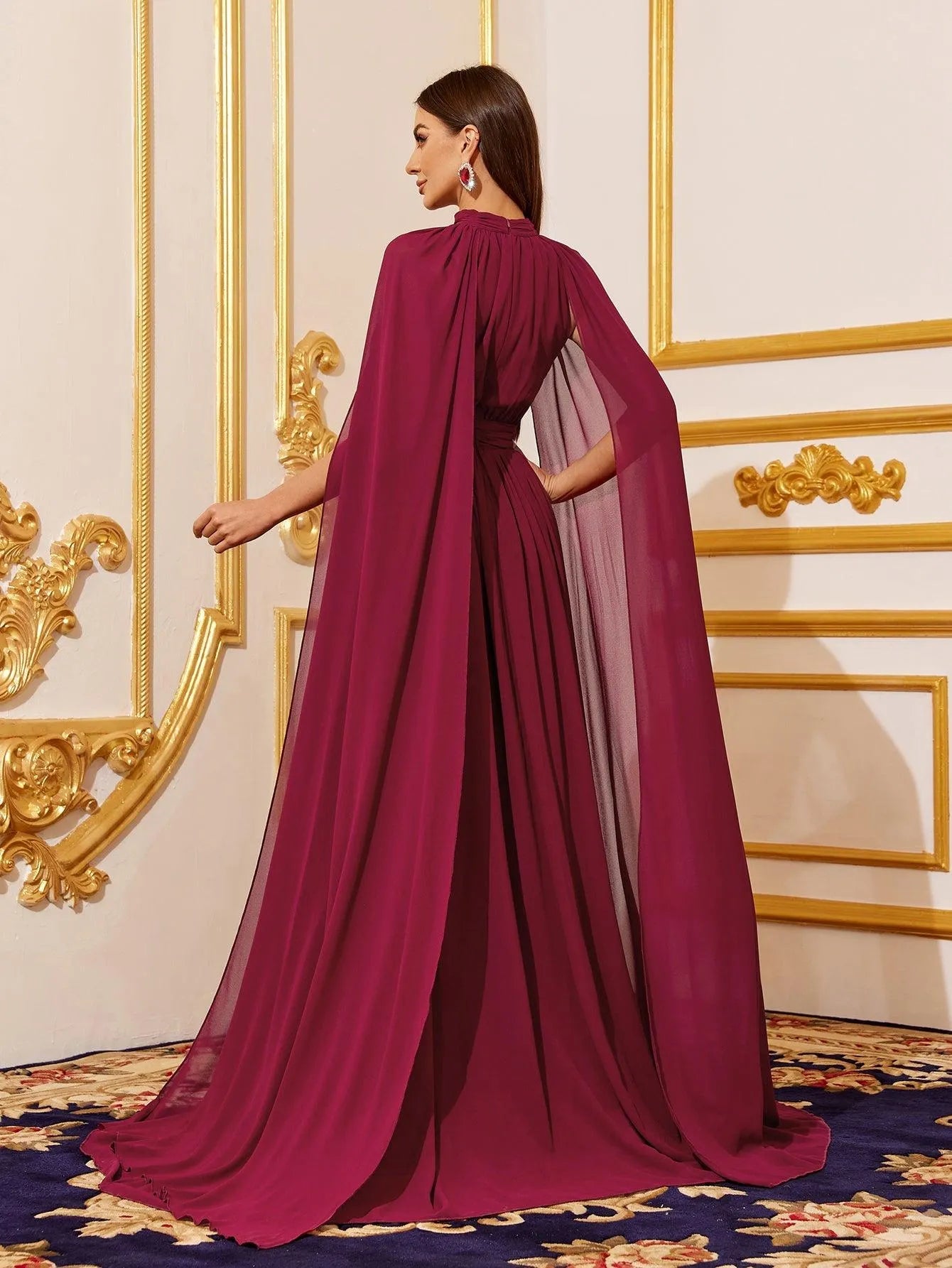 Elegant Mock Neck Cloak Sleeve Chiffon Formal Dress