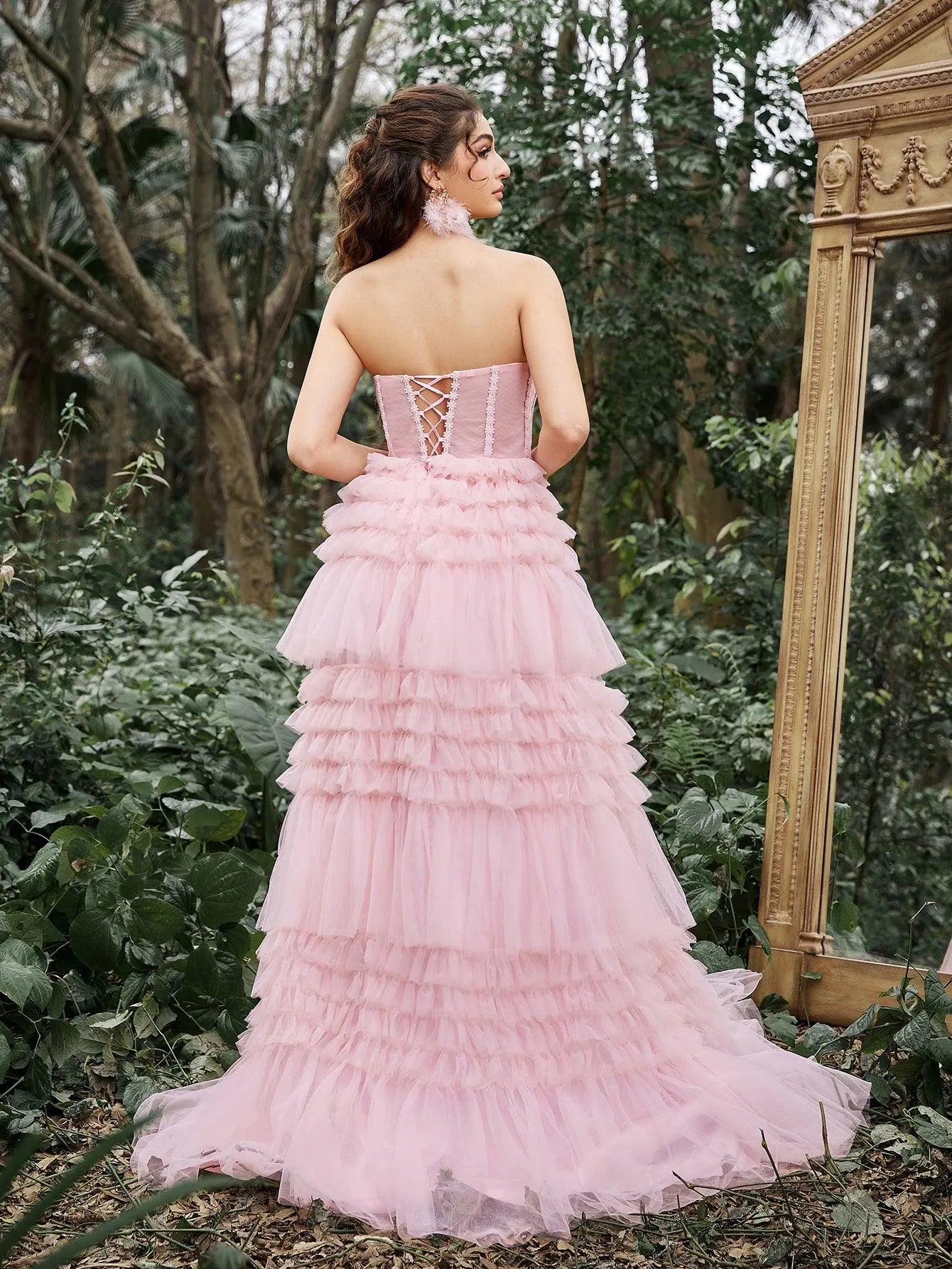 Gorgeous Strapless Cascading Ruffles Hem Tulle Prom Dress