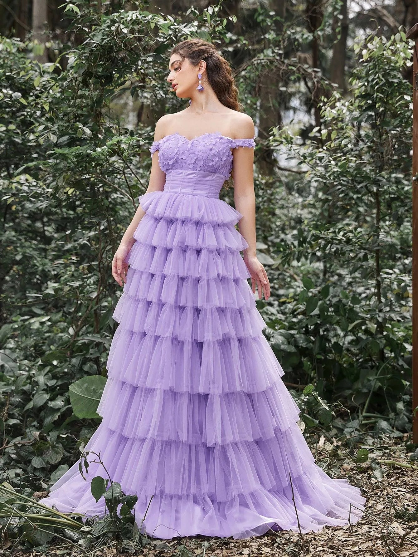 Gorgeous Off Shoulder Applique Bodice Cascading Ruffle Hem Prom Dress