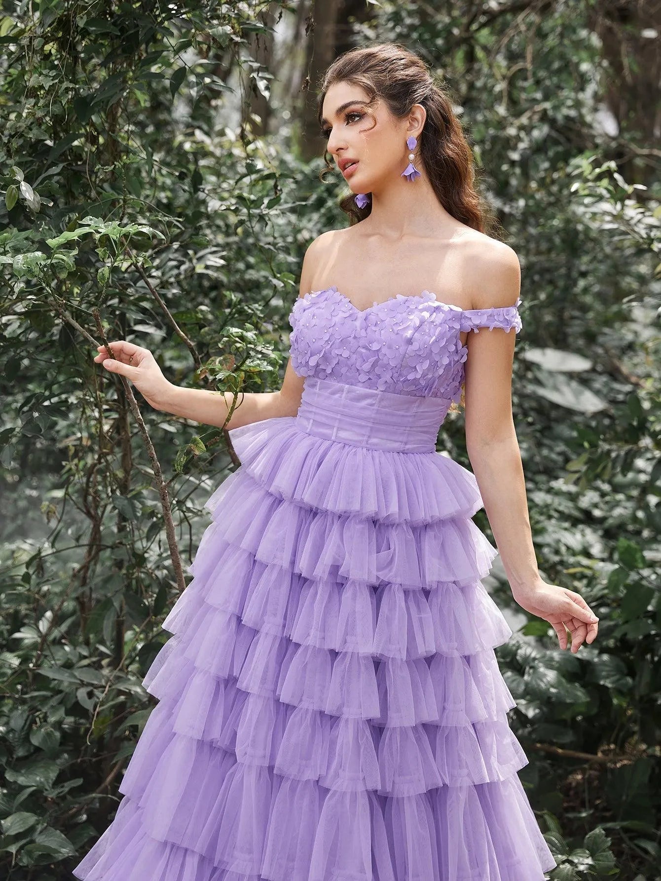 Gorgeous Off Shoulder Applique Bodice Cascading Ruffle Hem Prom Dress