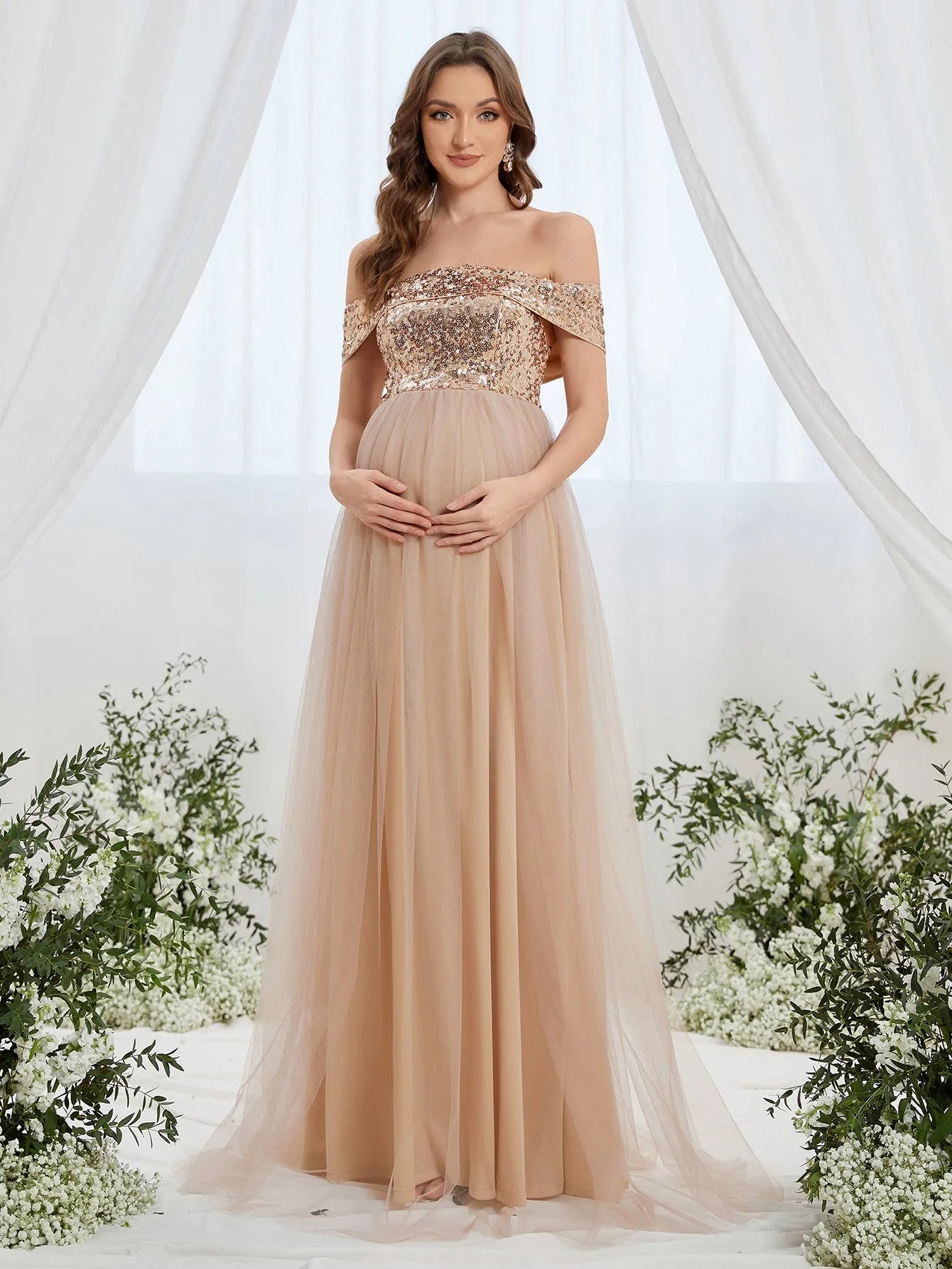 Maternity Off Shoulder Contrast Sequin Evening Dress