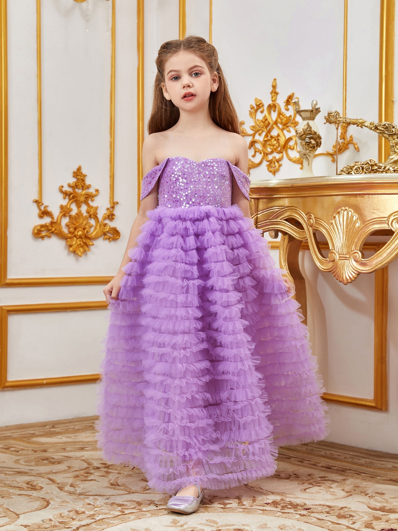 Tween Girls' Off Shoulder Sequin Contrast Ruffle Layered Hem Party Dress