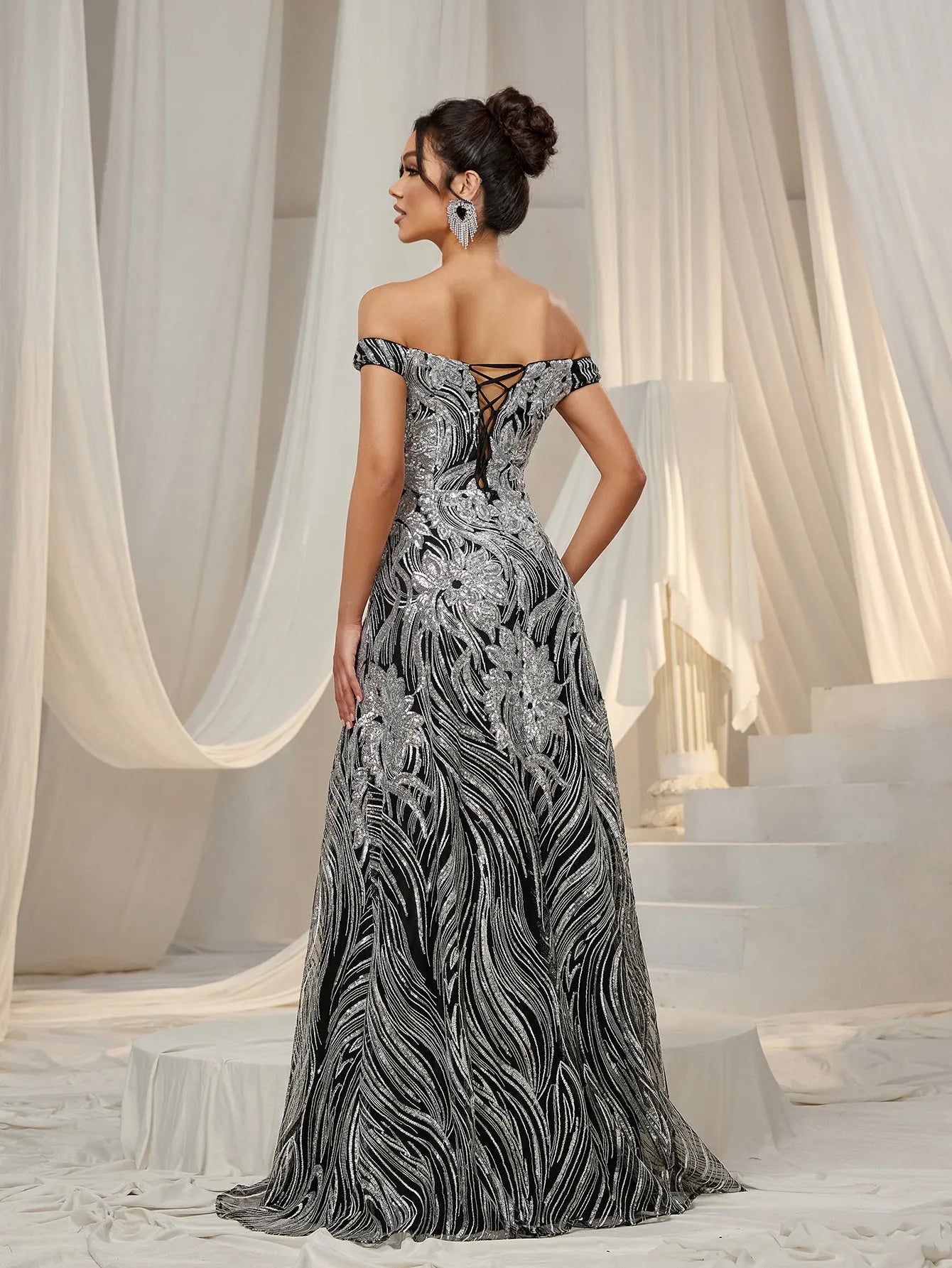 Elegant Off Shoulder Graphic Sequin Formal Prom Dress