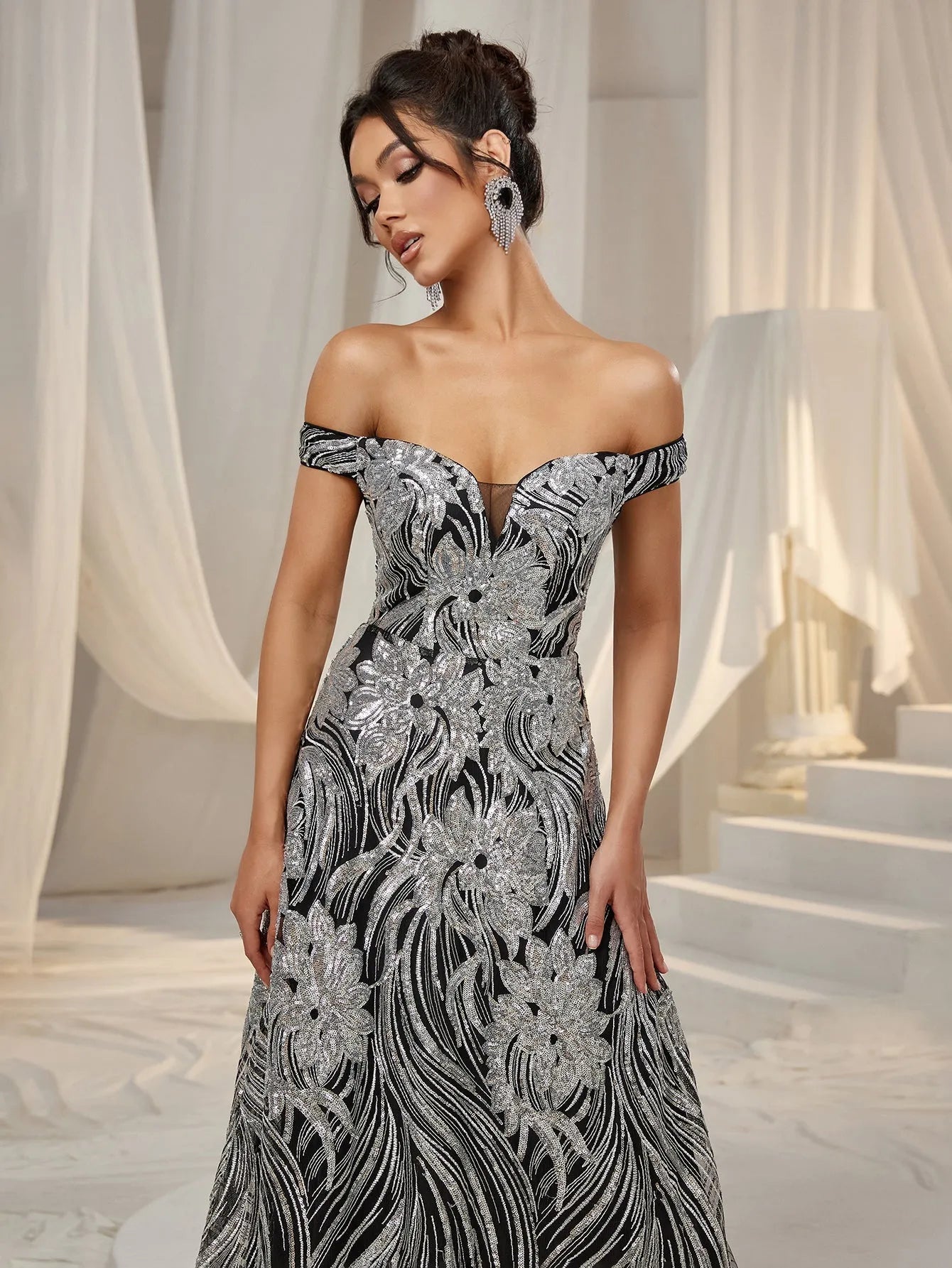 Elegant Off Shoulder Graphic Sequin Formal Prom Dress