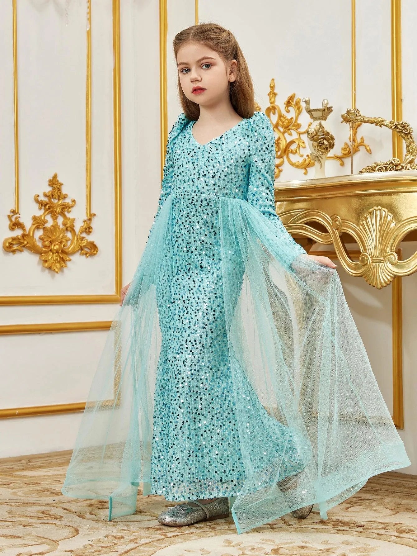 Tween Girls' Long Sleeves Mesh Overlay Sequin Mermaid Dress