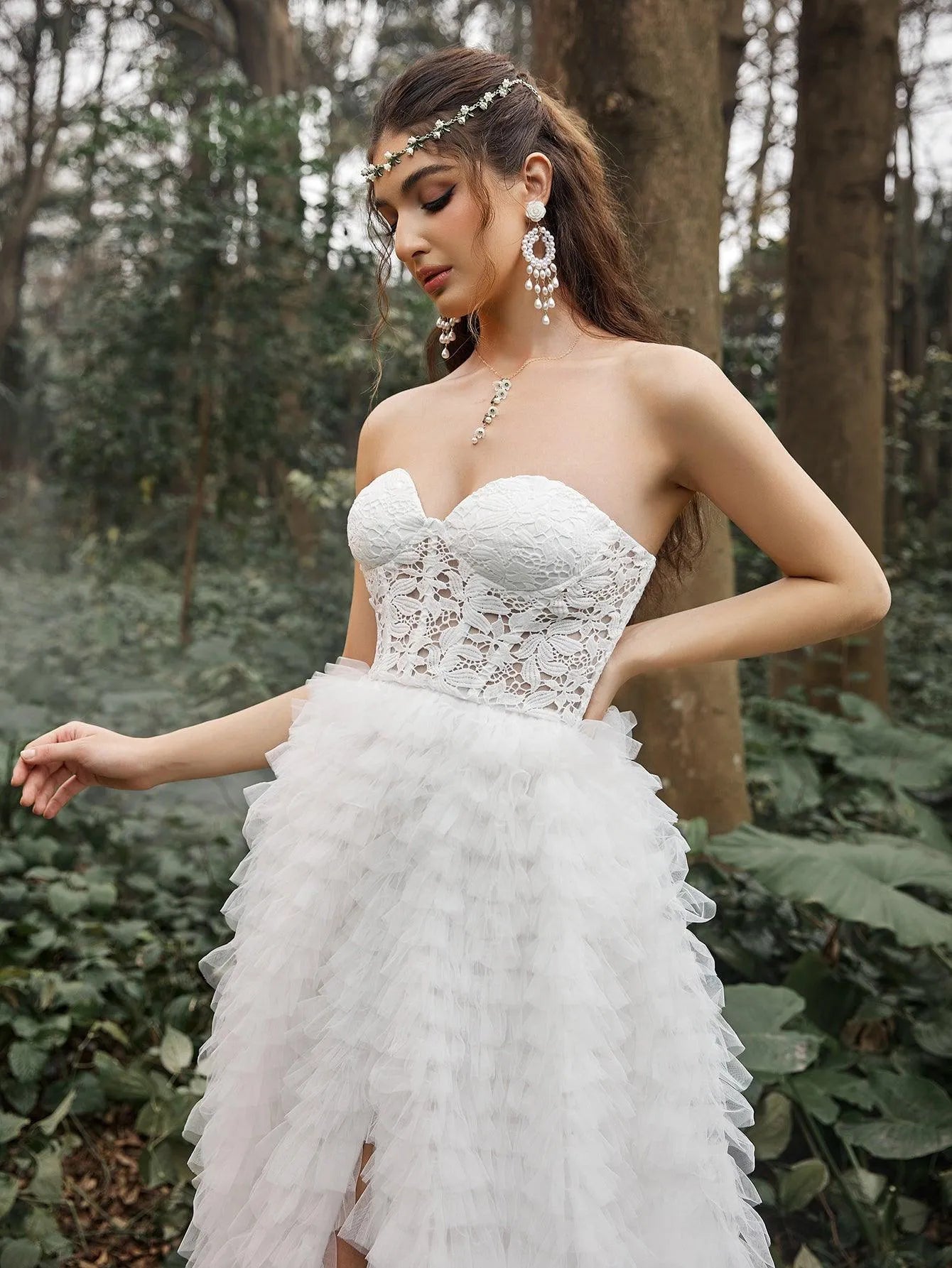 Gorgeous Strapless Lace Bodice Cascading Ruffle Hem Wedding Dress