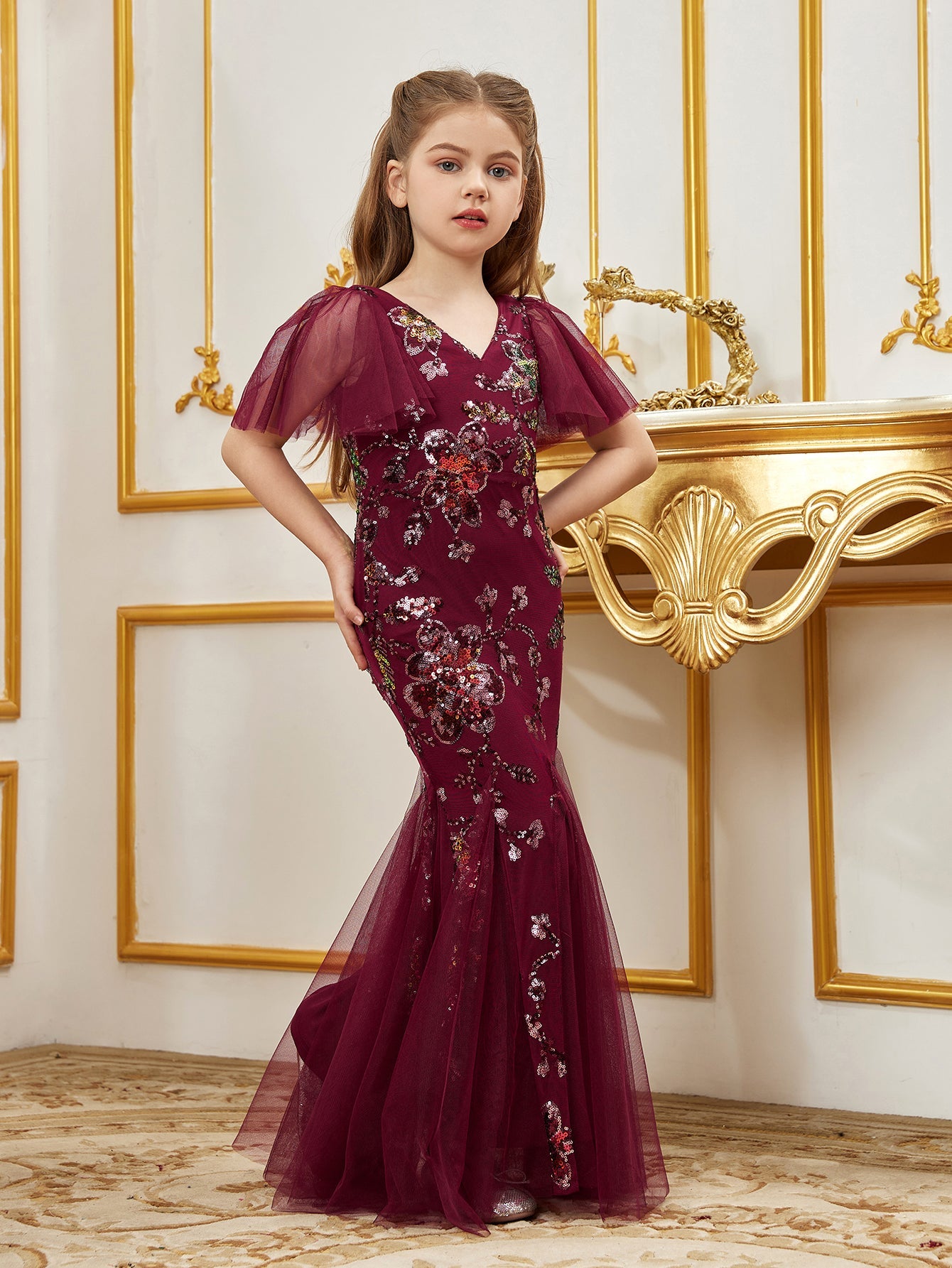 Tween Girls' V Neck Butterfly Sleeves Sequin Mermaid Hem Dress