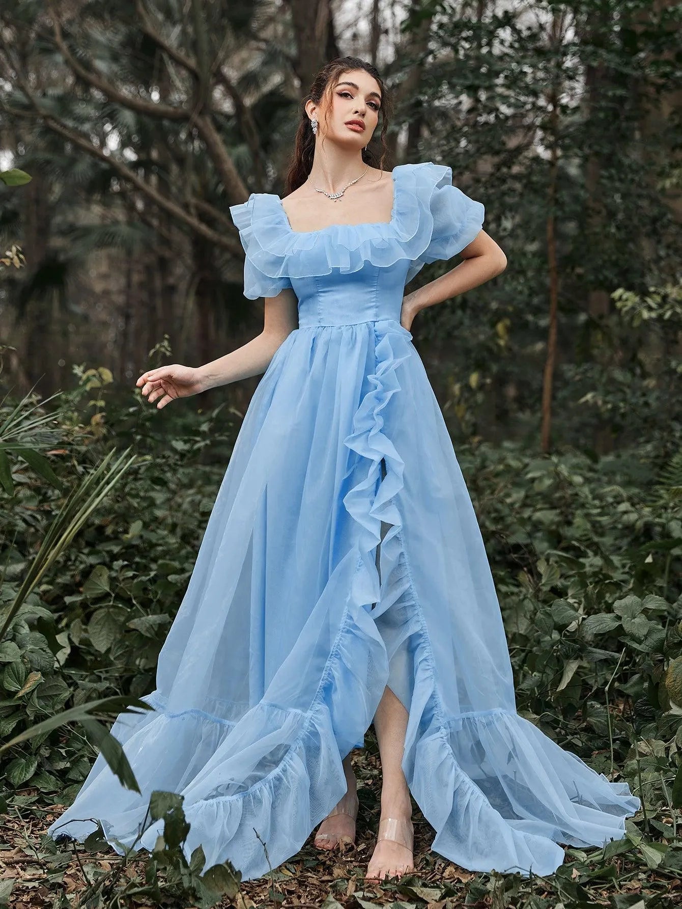 Elegant Ruffle Trim Puff Sleeves Organza Dress