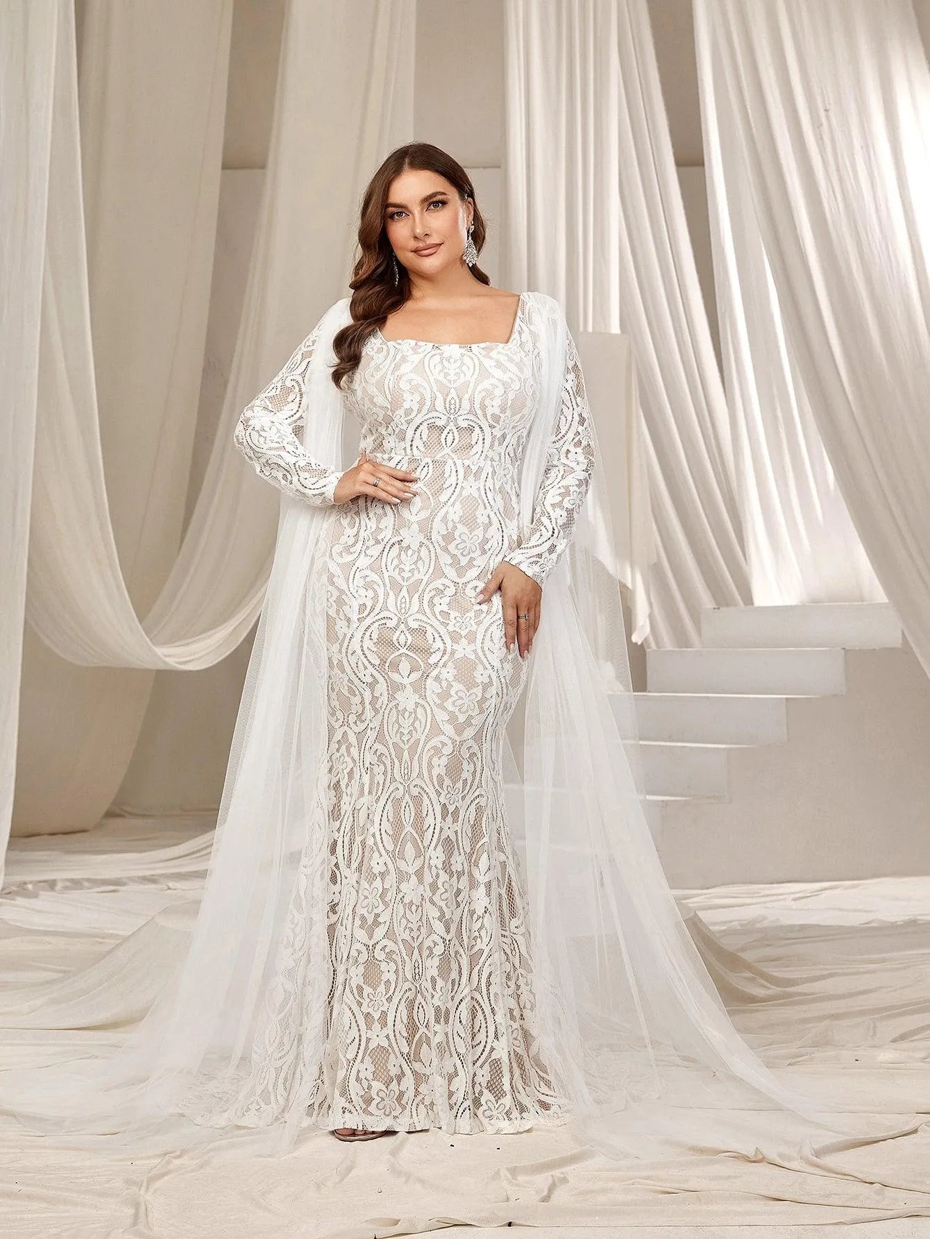 Plus Square Neck Mermaid Hem Lace Wedding Dress