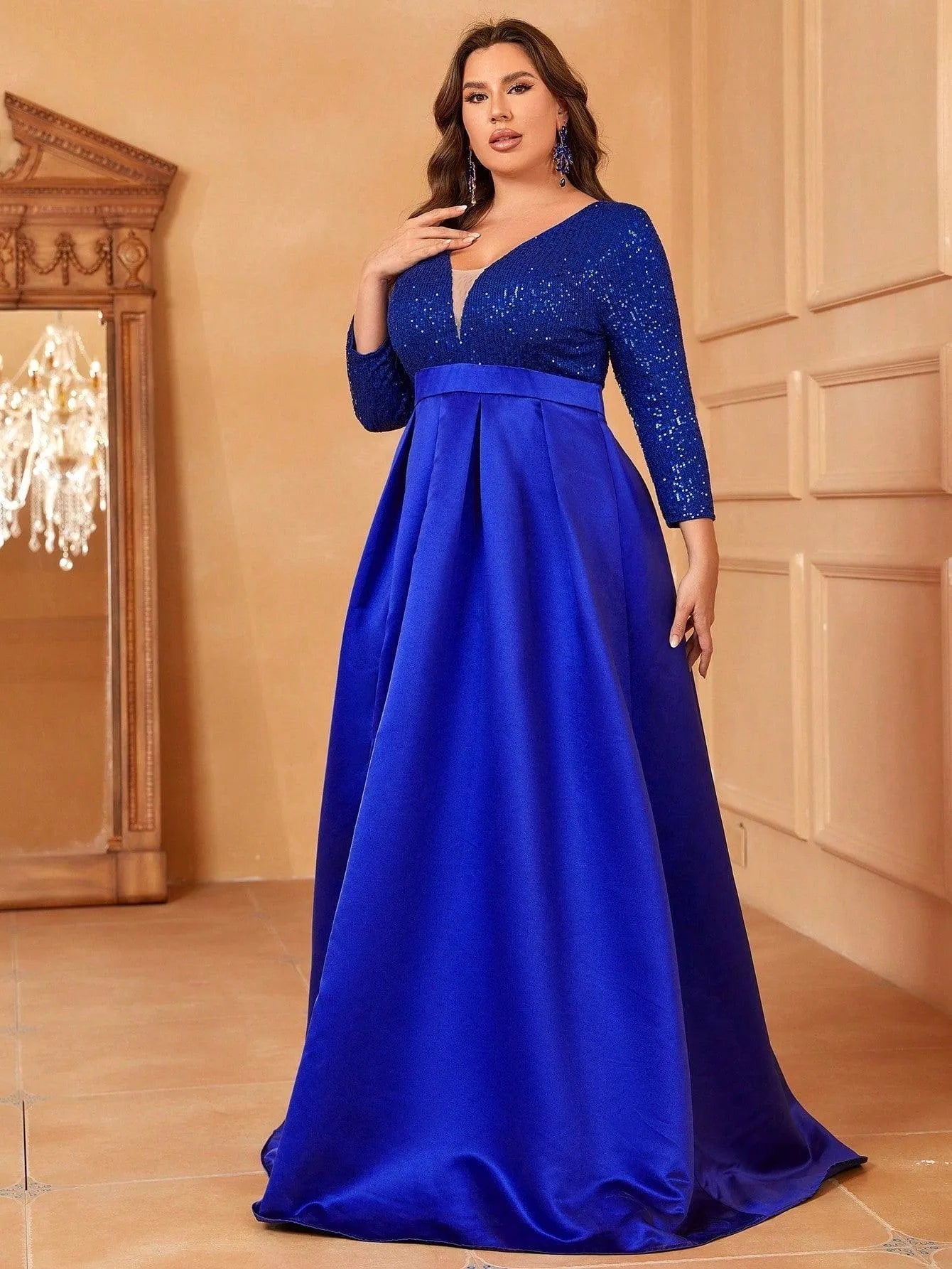 Plus Deep V Neck 3/4 Sleeve Slit A Line Prom Dress