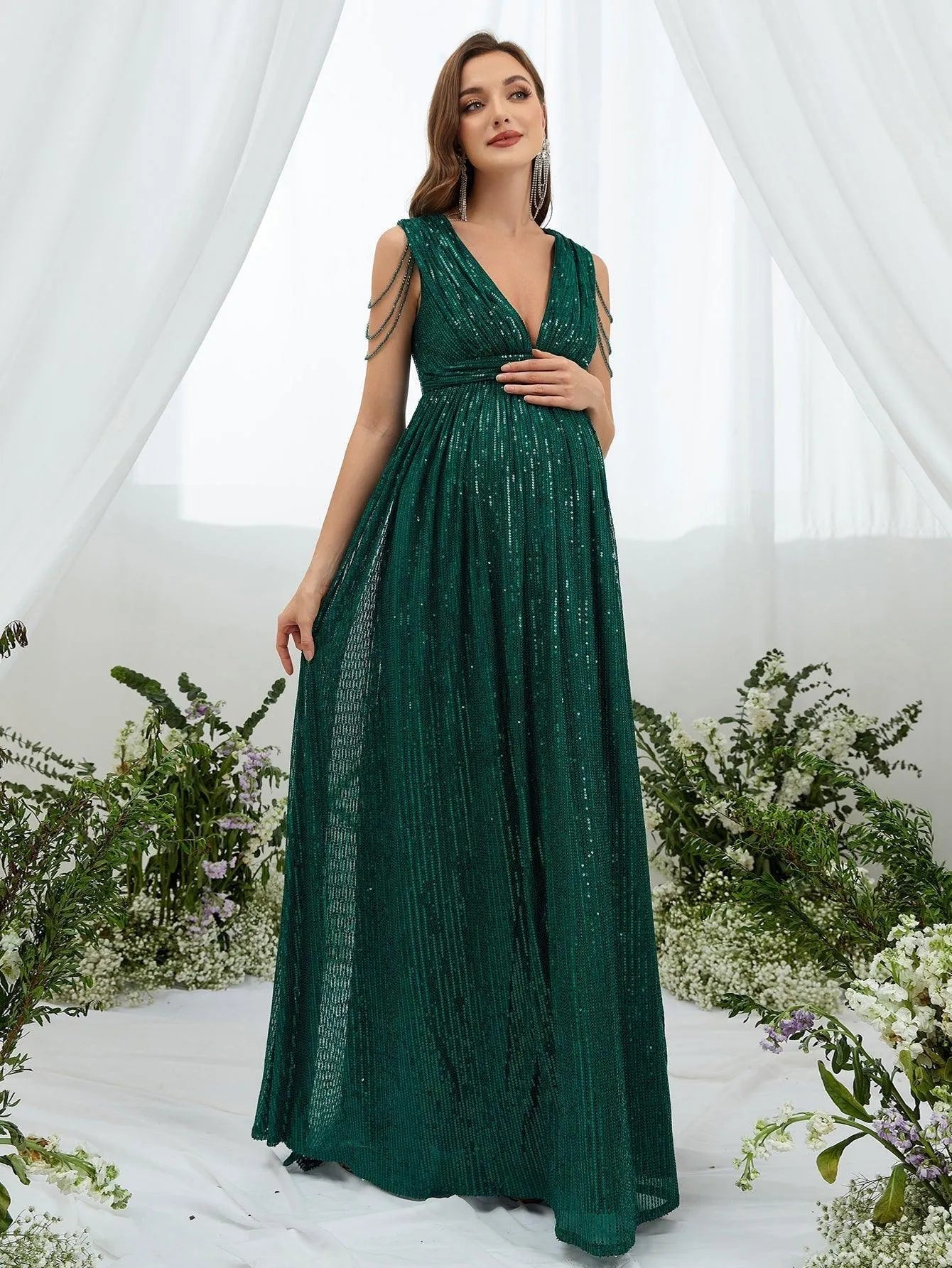 Maternity Chain Detail Plunging Neck Sequin Dress