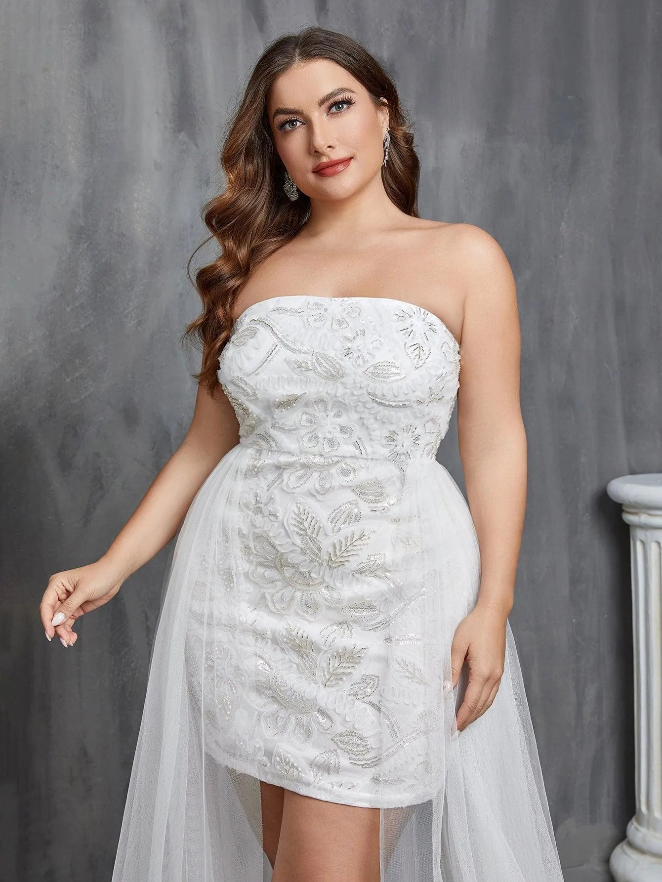 Plus Mesh Overlay Sequin Tube Wedding Dress