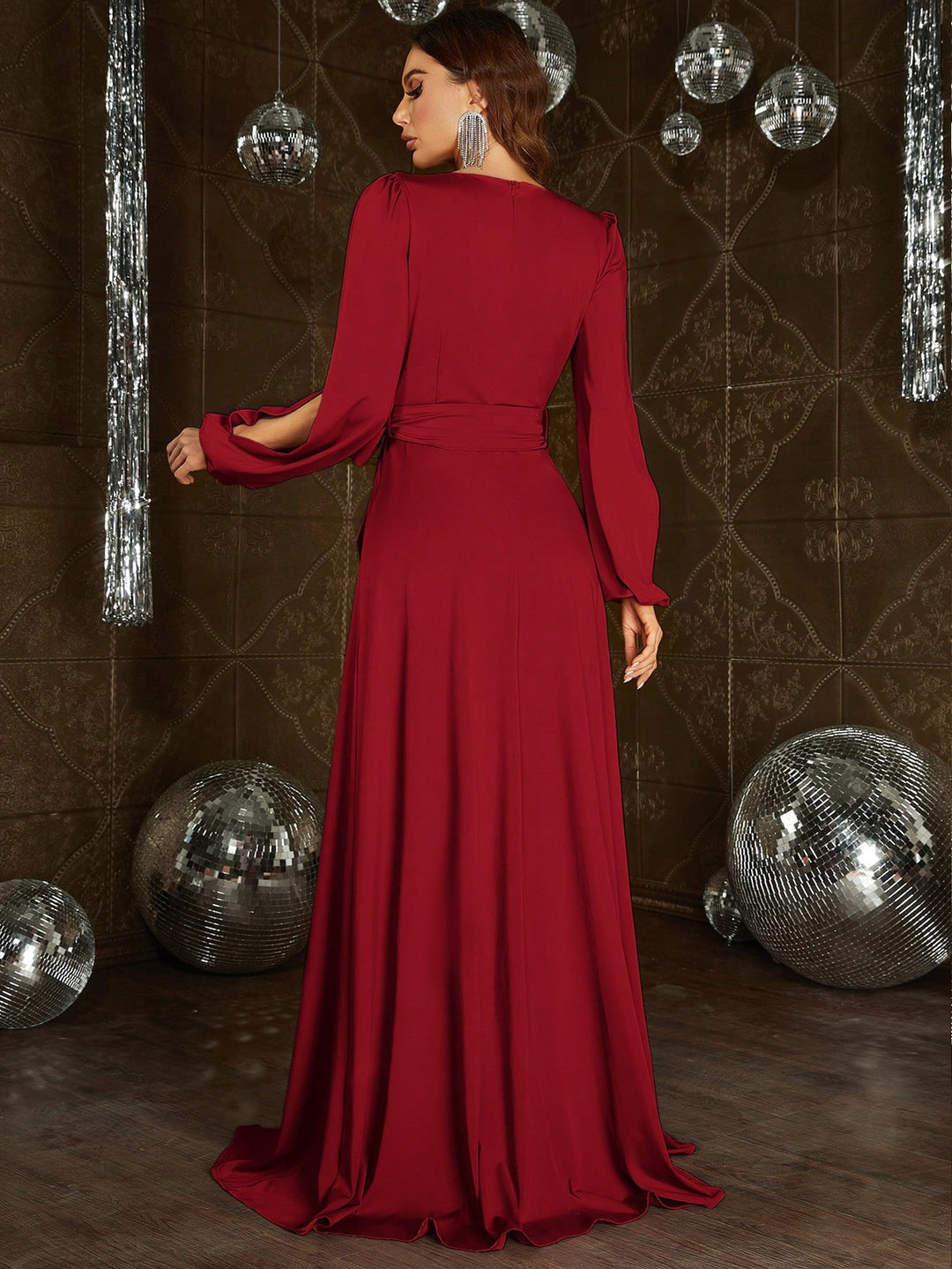 Elegant V Neck Slit Long Sleeve A-Line Dress