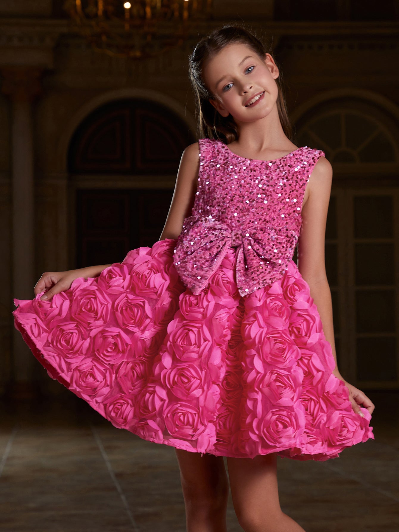 Girl's Cute Applique Contrast Sequin Party Dress