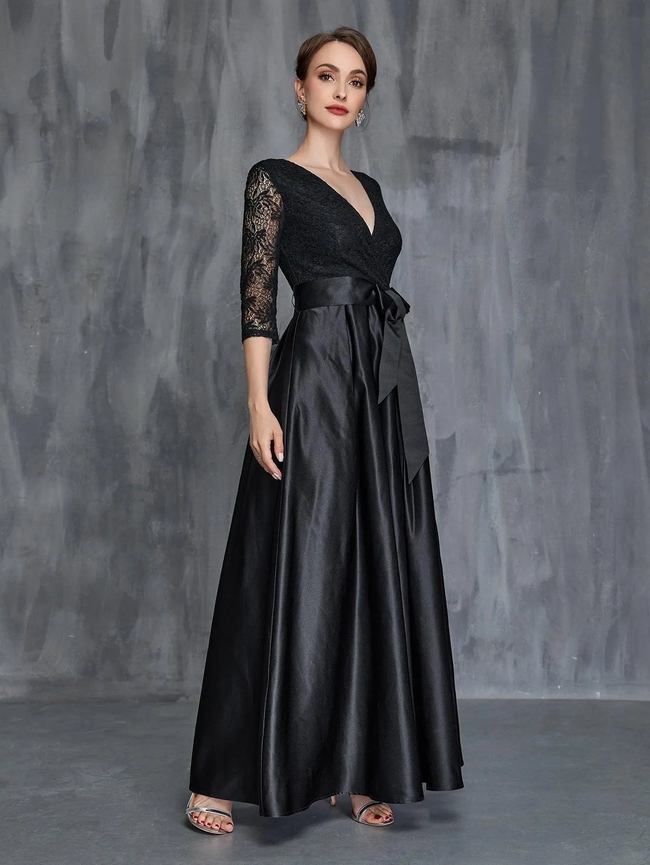 Womens' Surplice Neck Lace Contrast Satin Belted Dress