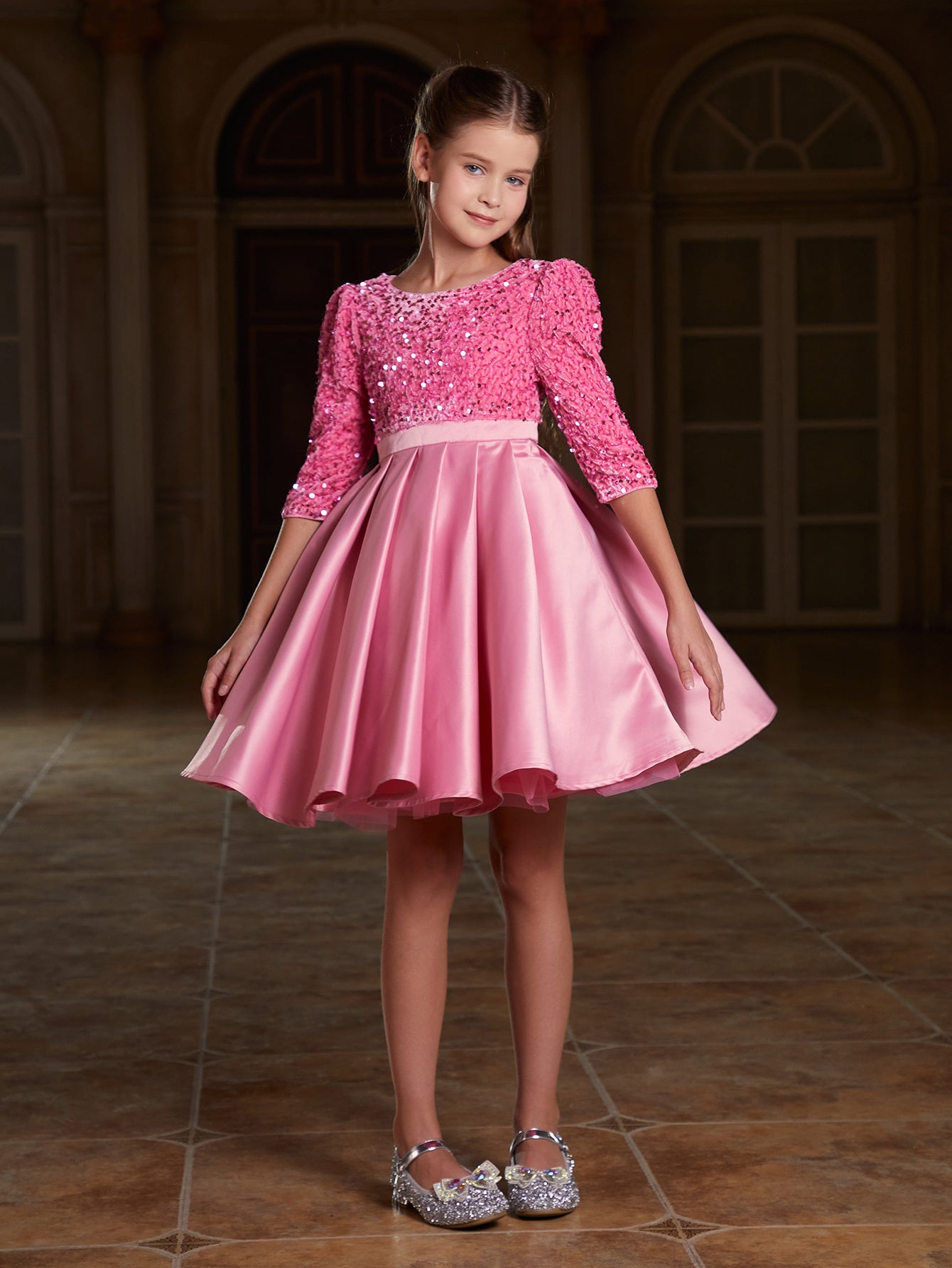 Girl's Sequin Contrast Pleated Satin Hem Dress