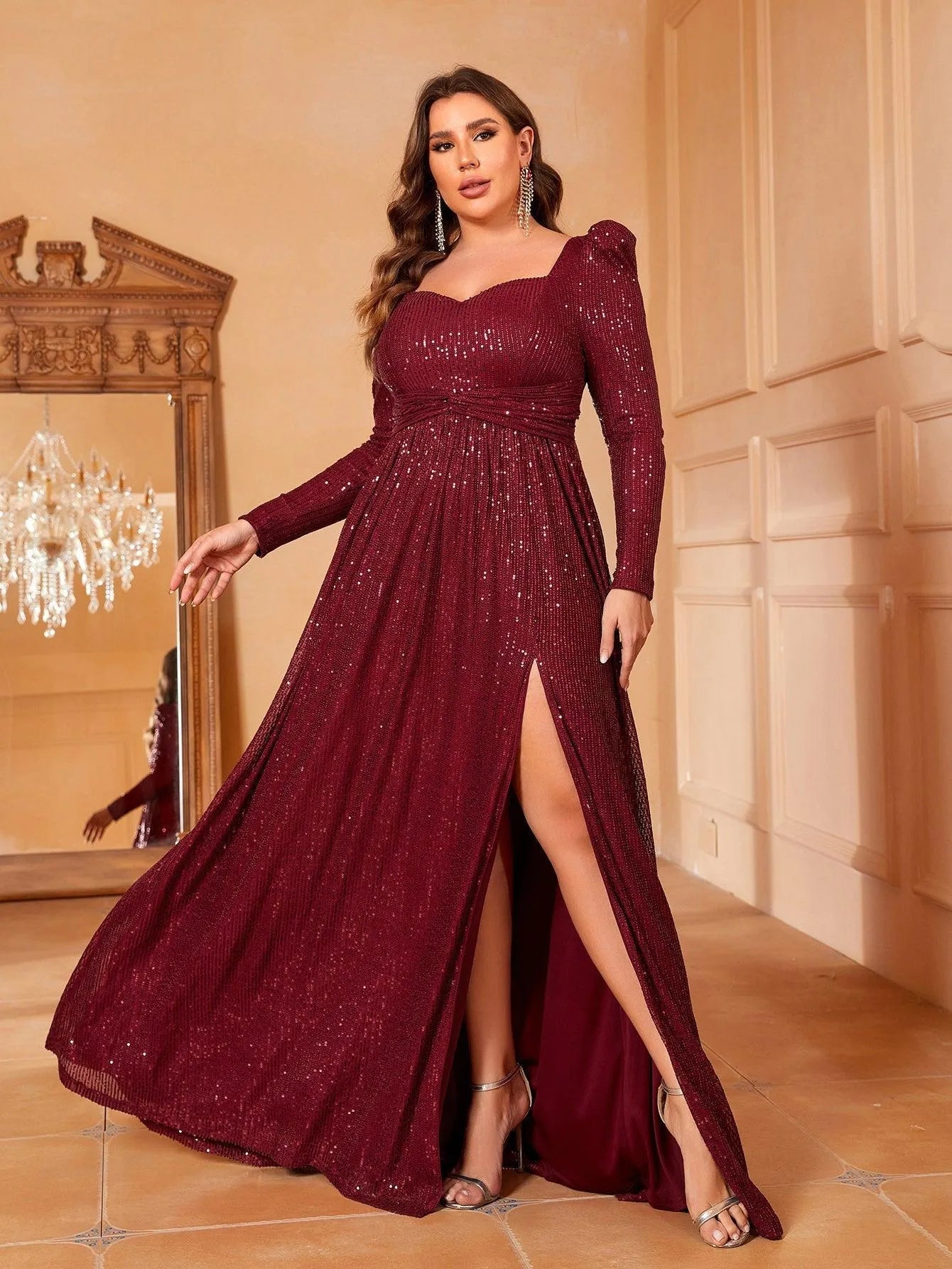 Plus Sweetheart Neck Split Sequin Dresses