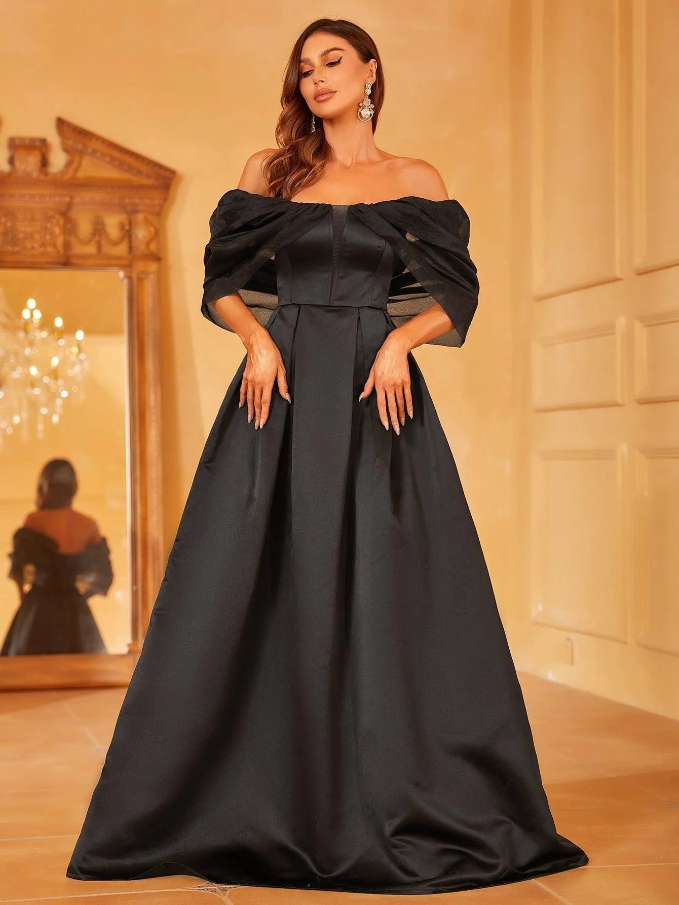 Off Shoulder Contrast Mesh Satin Formal Dress