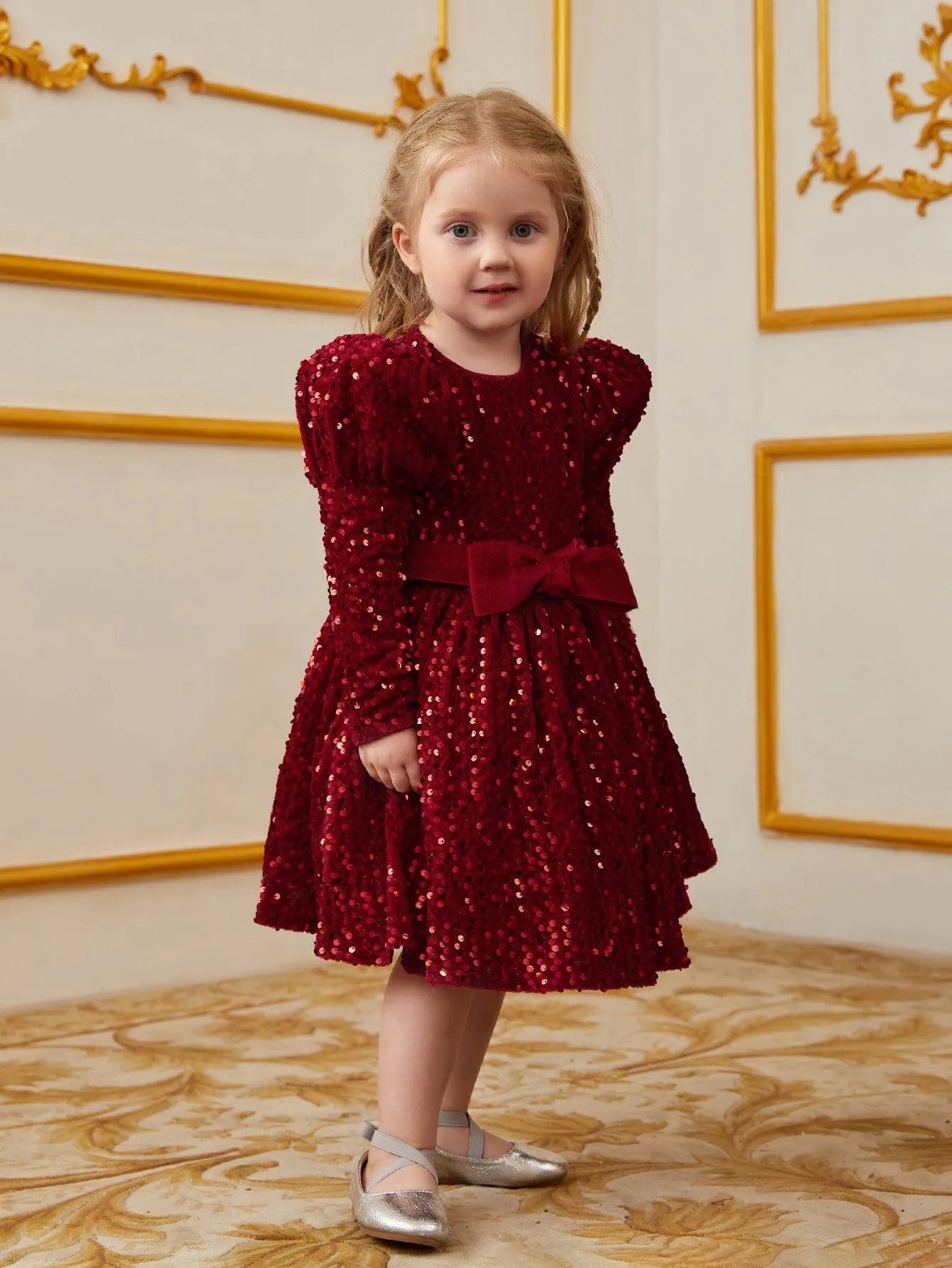 Young Girls' Gigot Sleeve Bow Decor Sequin Midi Dress