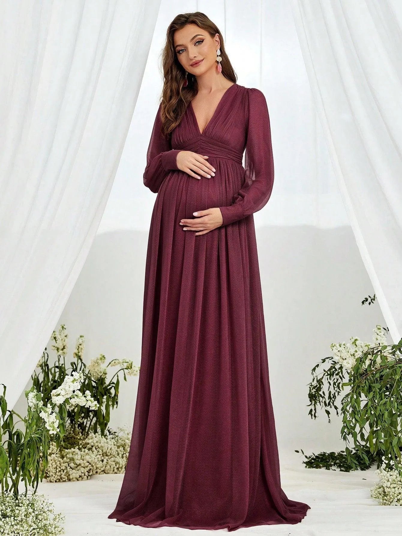 Maternity V Neck Lantern Sleeve A Line Dress