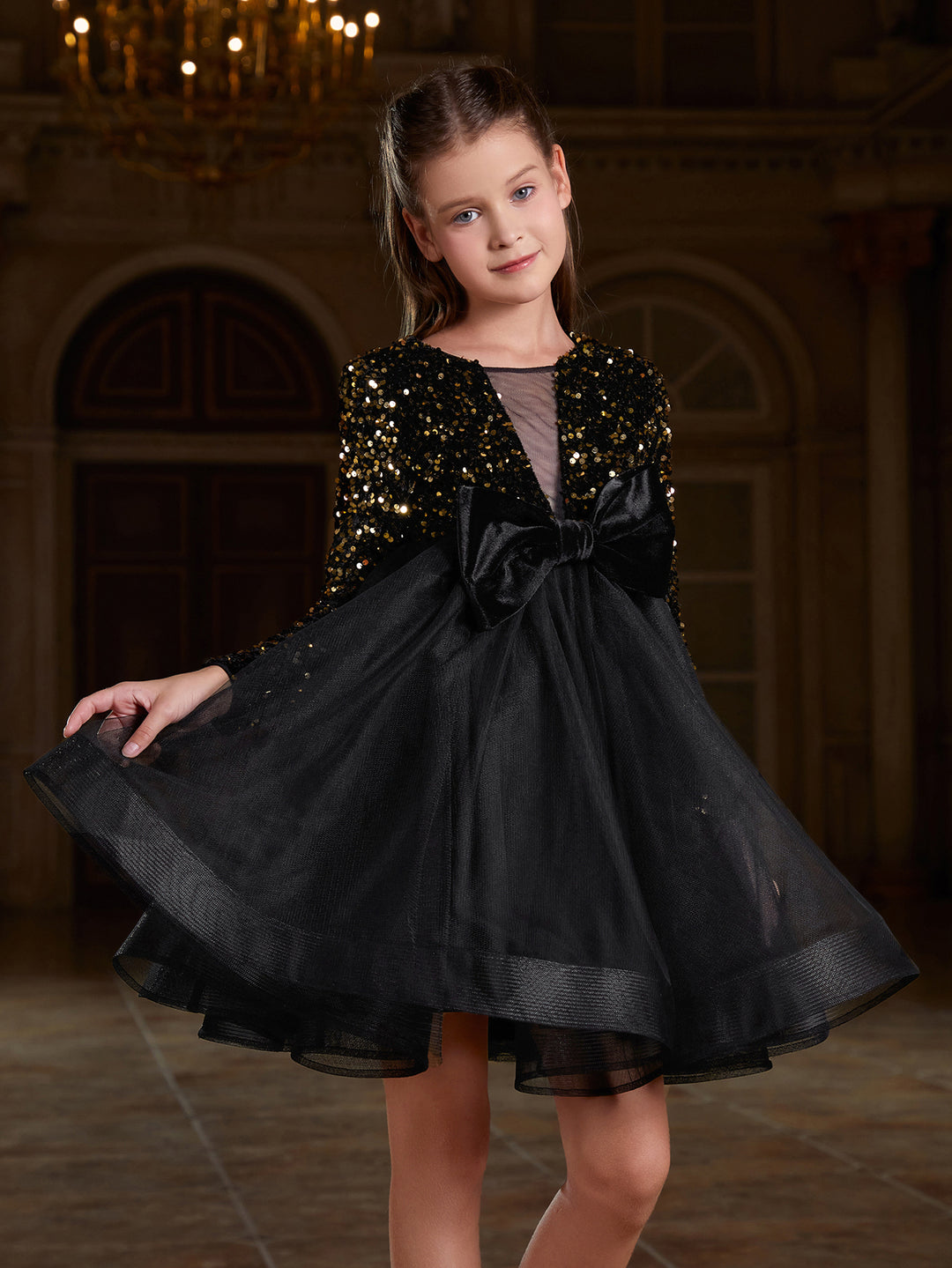 Girl's Cute Bow Front Long Sleeve Party Dress