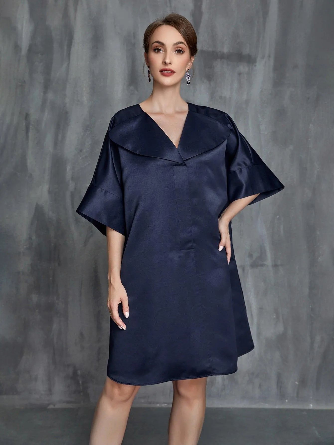 Womens' Solid Half Sleeves Satin Midi Dress