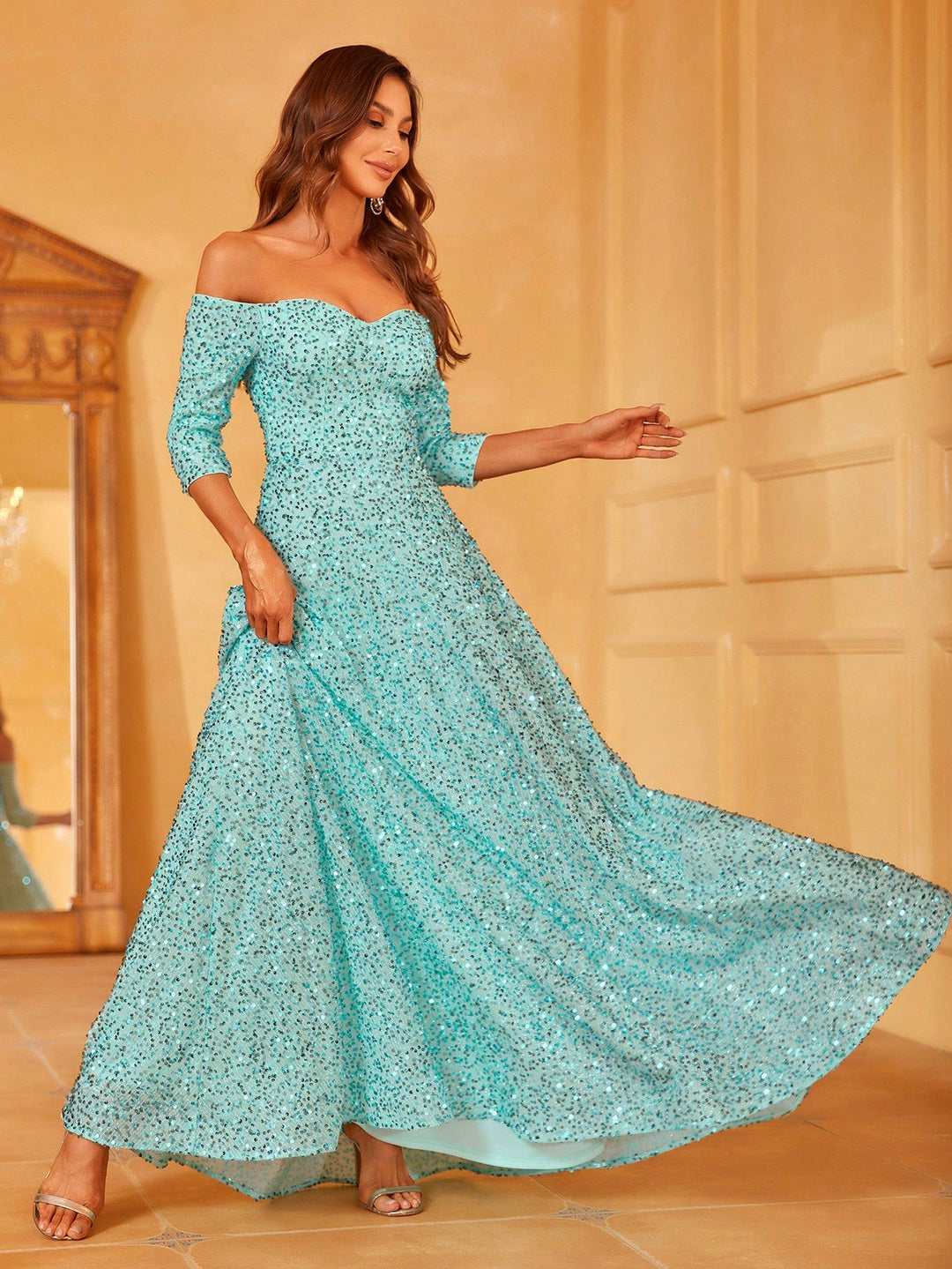 3/4 Sleeve Off Shoulder Sweetheart Sequin A Line Dresses