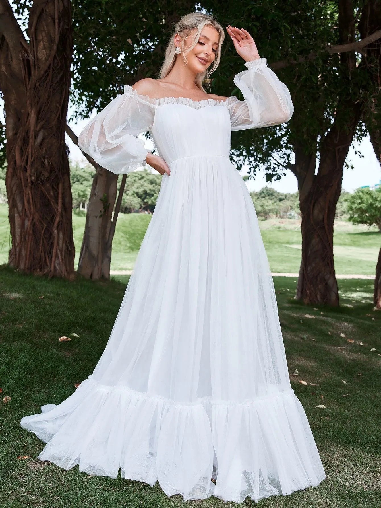 Off Shoulder Lantern Sleeve Mesh Wedding Dress