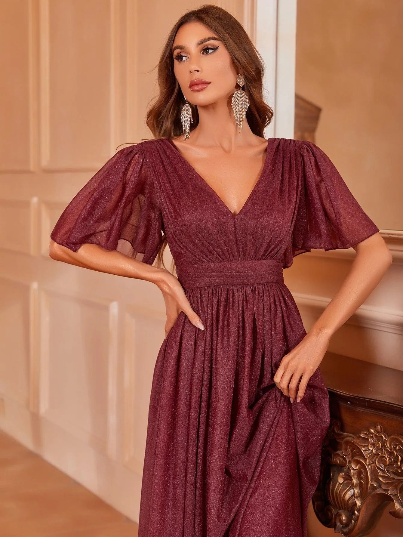 Elegant V Neck Short Sleeve Maxi A Line Dress