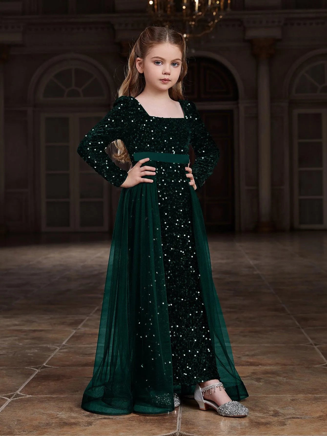 Tween Girls' Square Collar Long Sleeves Sequin Mermaid Dress