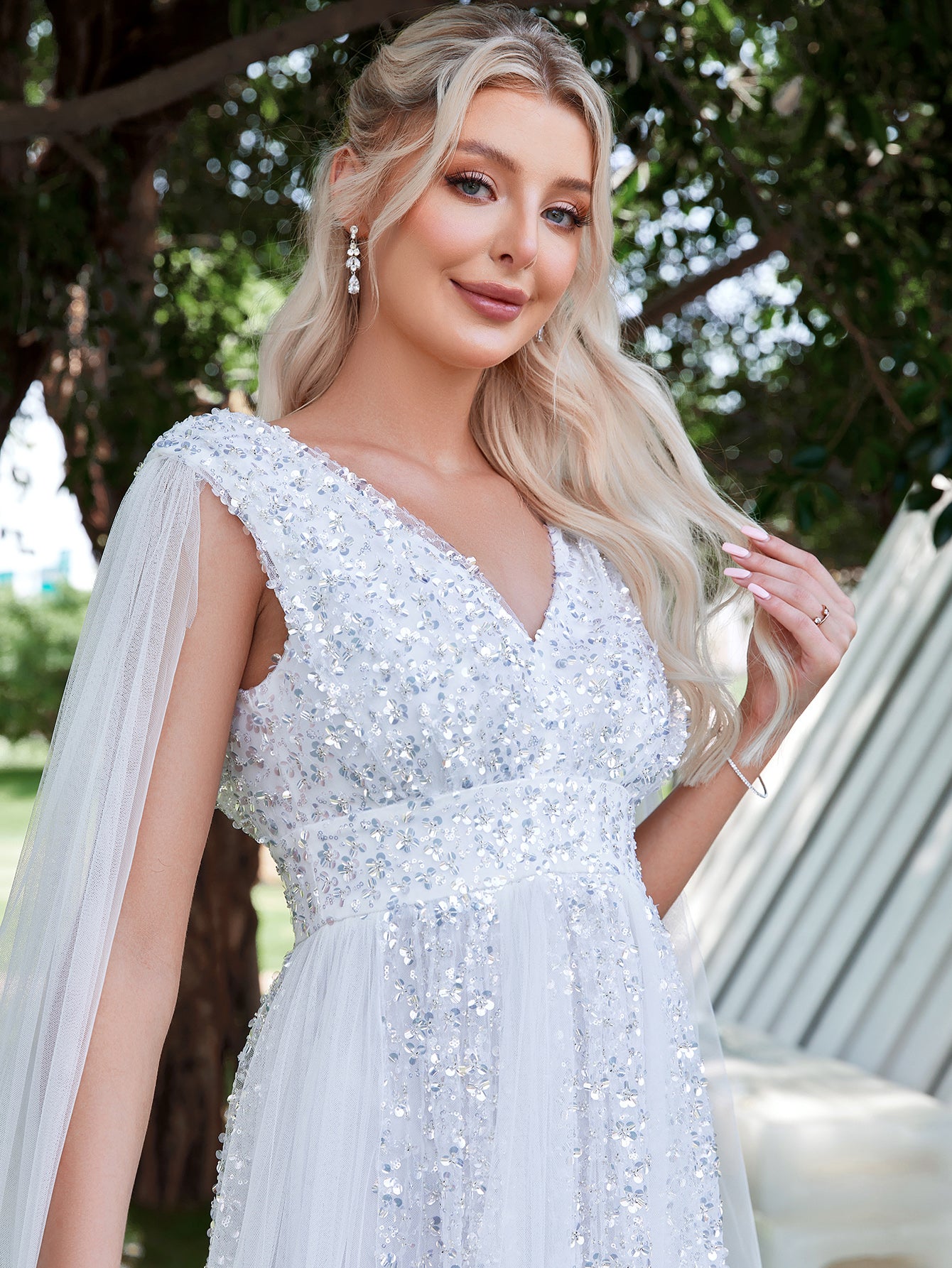 Plunging Neck Cloak Sleeve Sequin Wedding dress