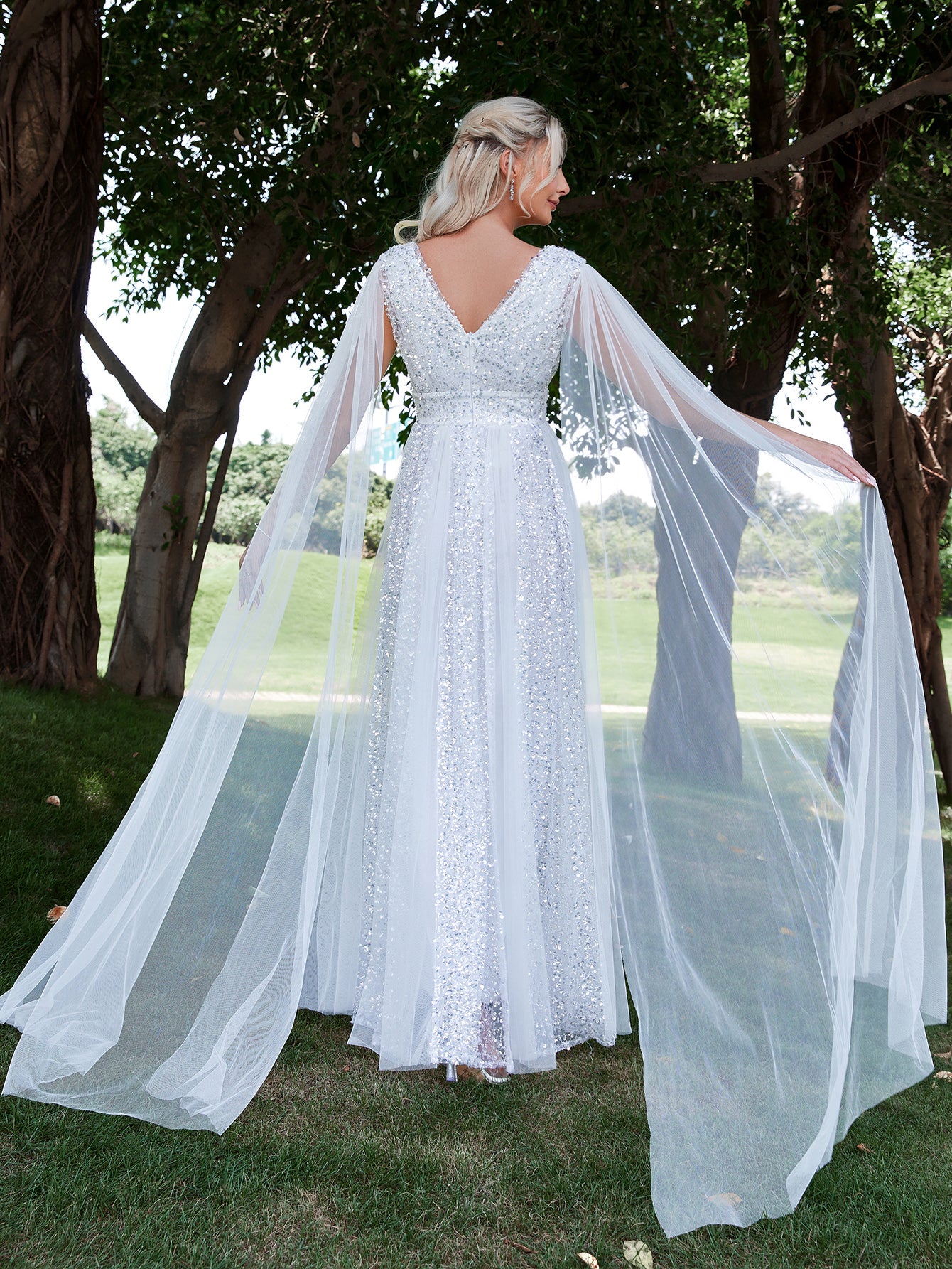 Plunging Neck Cloak Sleeve Sequin Wedding dress