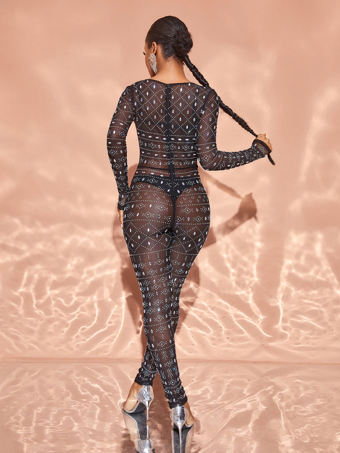 Rhinestone Detail Plunging Neck Sheer Mesh Jumpsuit