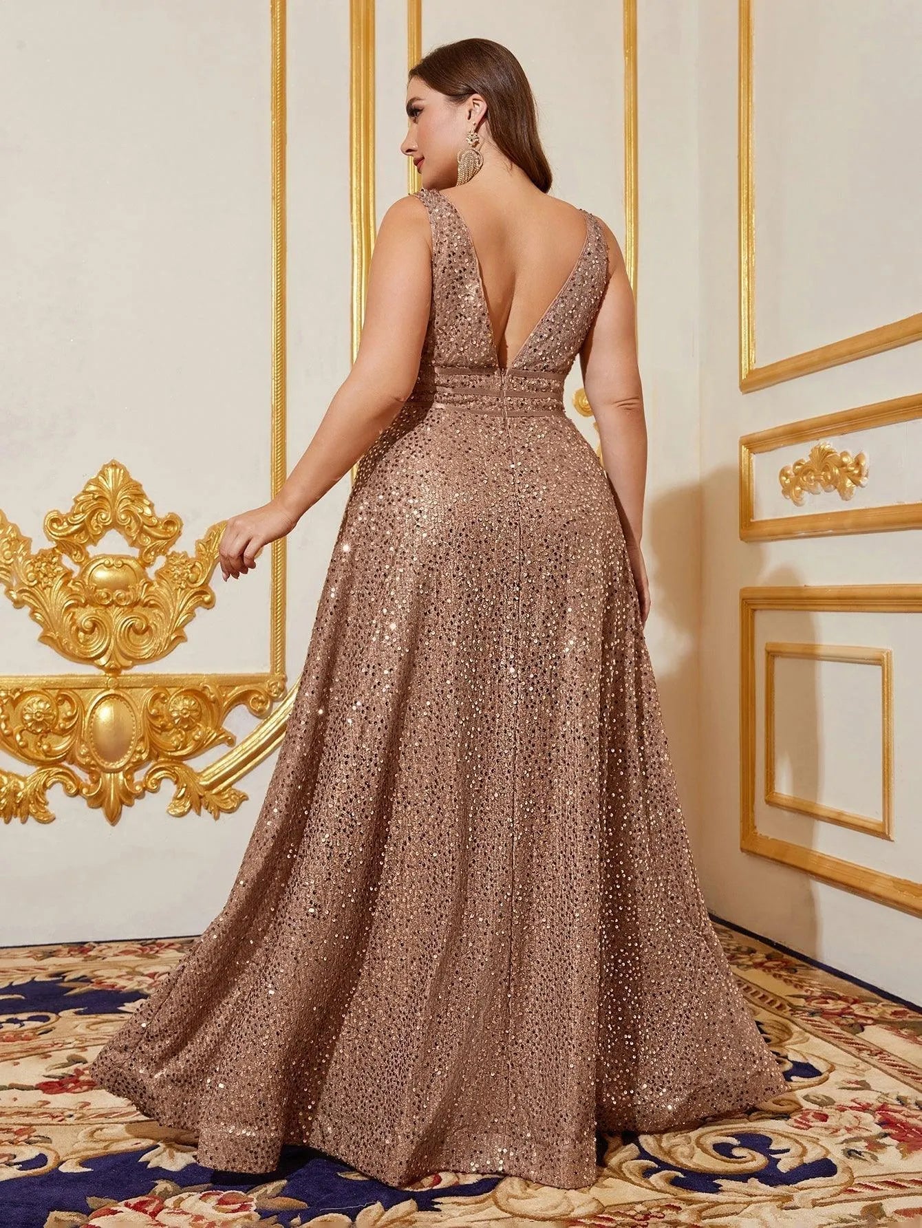 Plus Backless Sequin Floor Length Dress