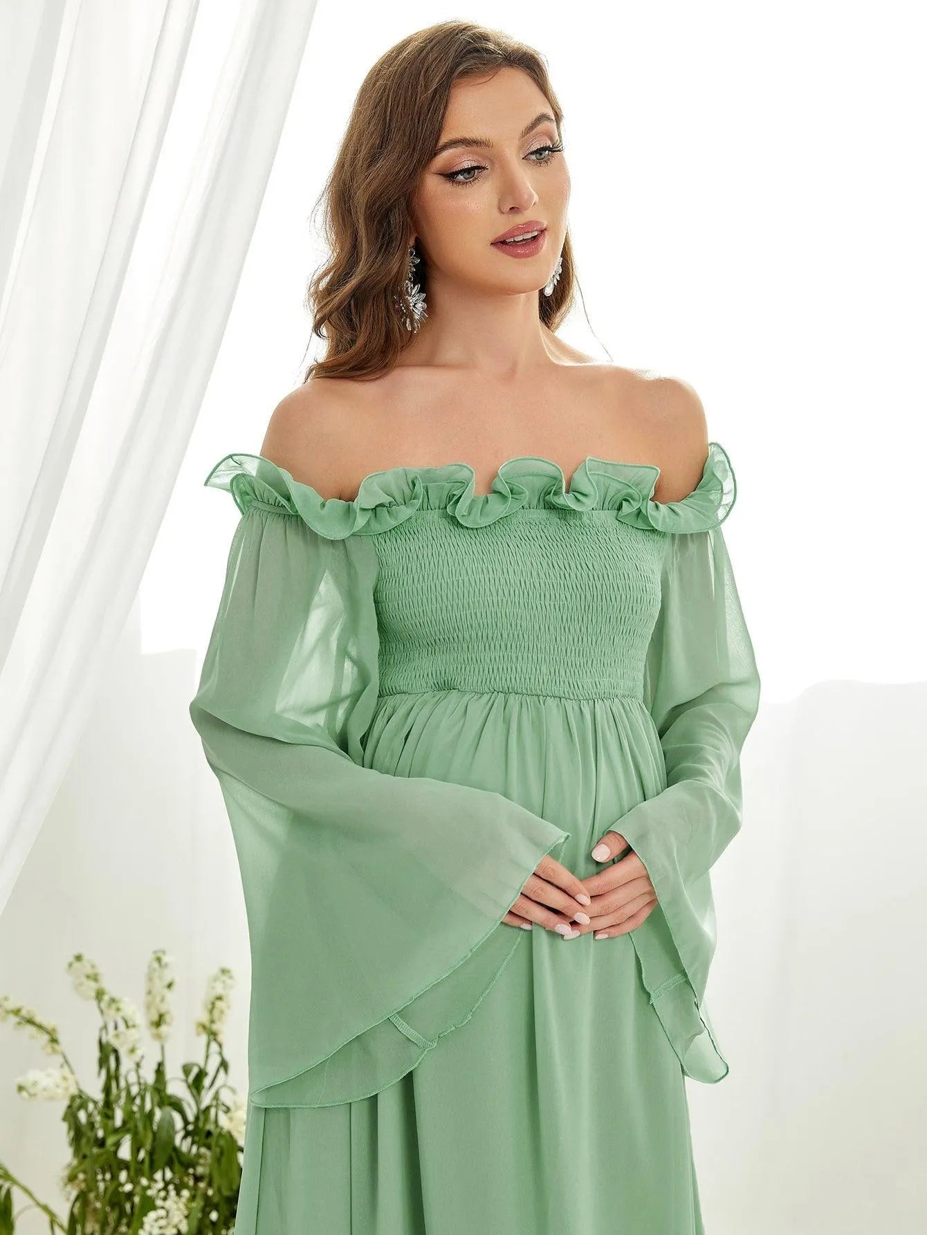 Maternity Off Shoulder Ruffle Trim Shirred Chiffon Dress