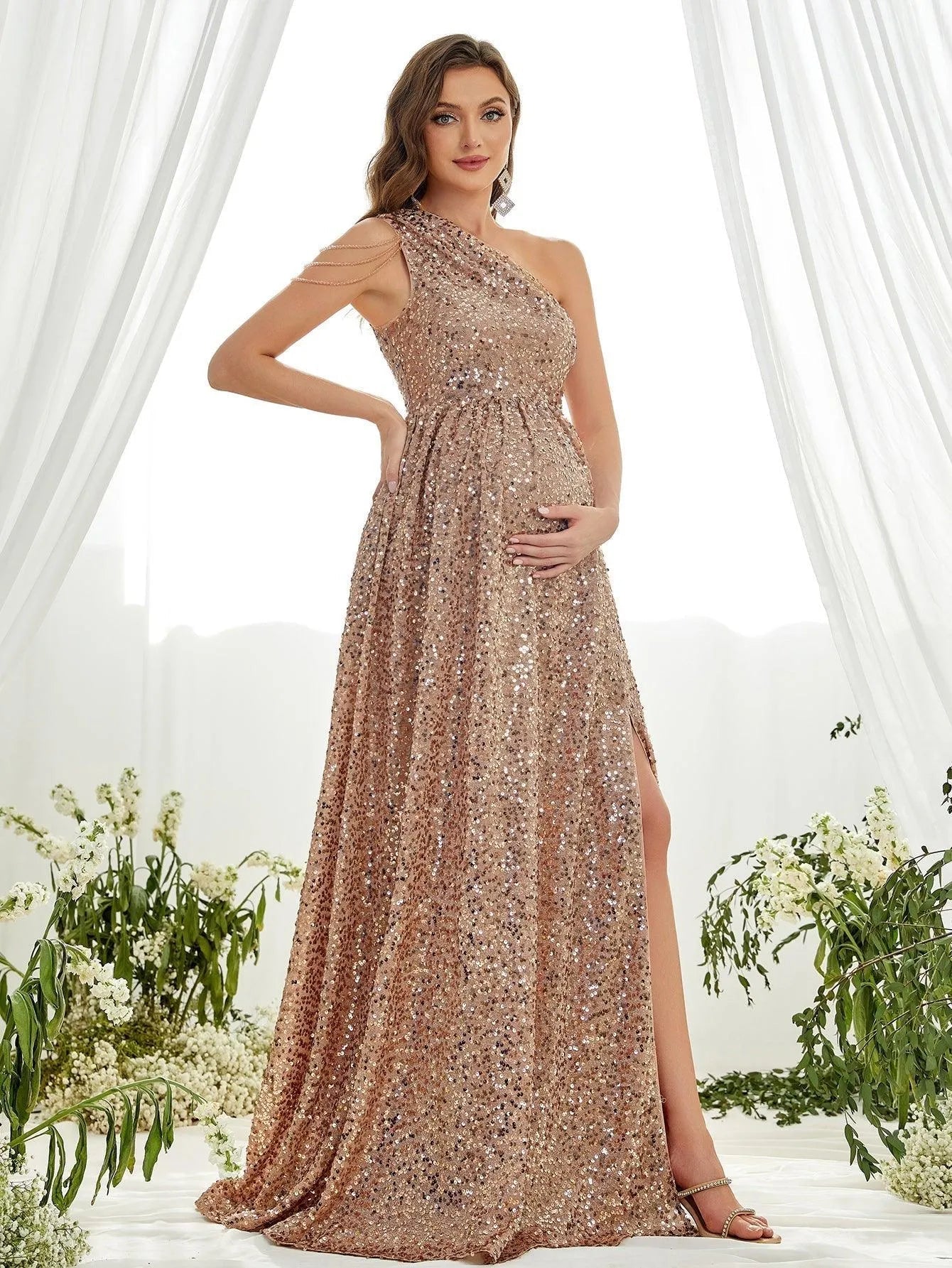 Maternity One Shoulder Chain Detail Slit Sequin Party Dress