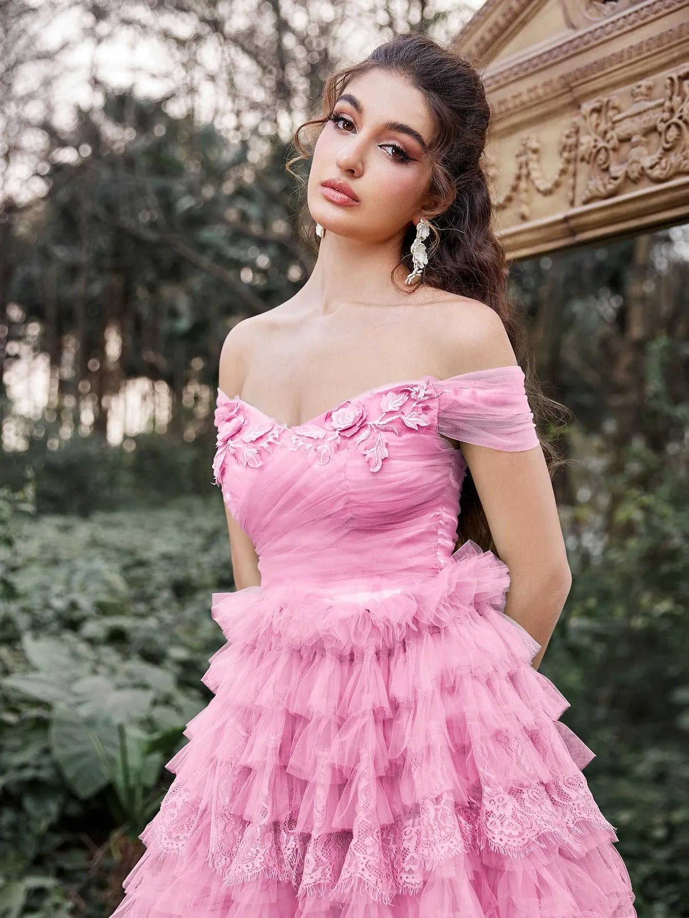 Gorgeous Applique Detail Off Shoulder Cascading Ruffle Hem Prom Dress