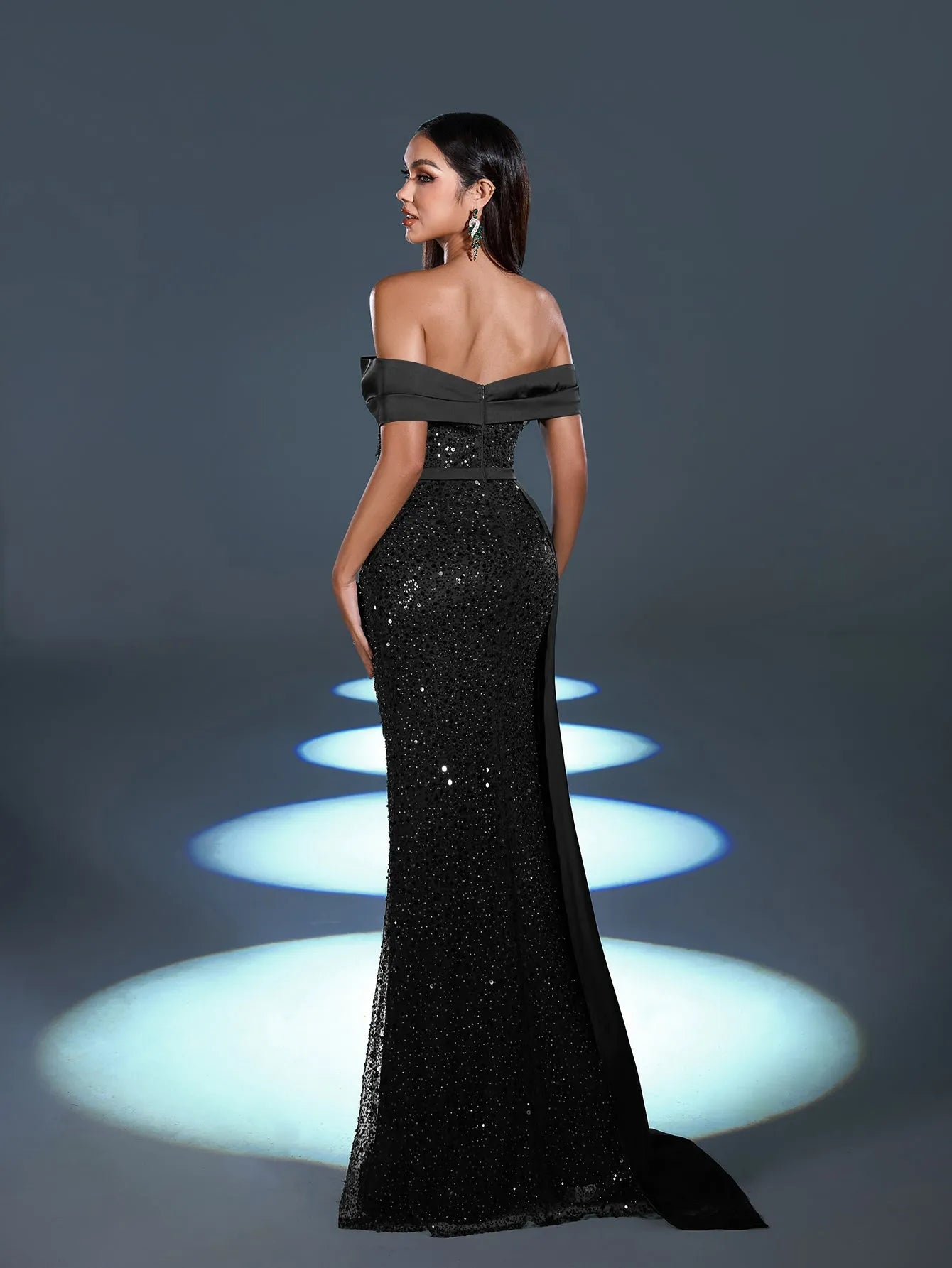 Elegant Off Shoulder Draped Side Split Mermaid Hem Sequin Evening Dress