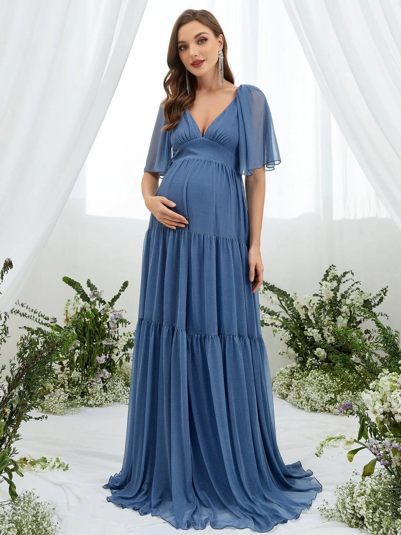 Maternity Plunging Neck Butterfly Sleeve Ruffle Hem Dress