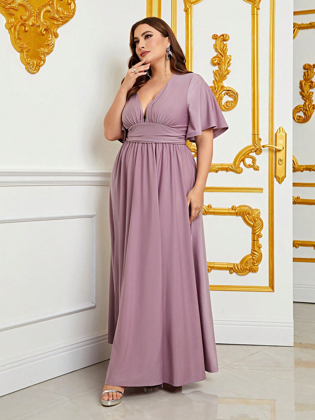 Plus V Neck Butterfly Sleeve Satin Dress