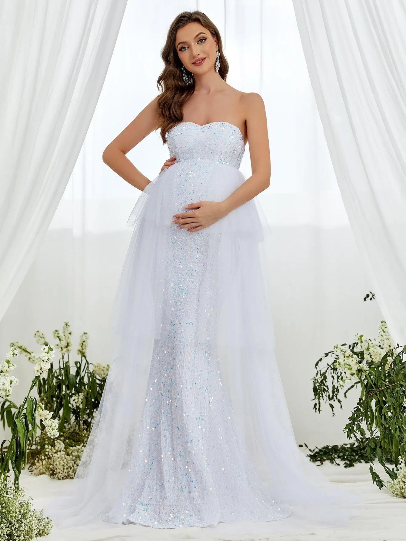 Maternity Mesh Overlay Mermaid Hem Sequin Tube Dress