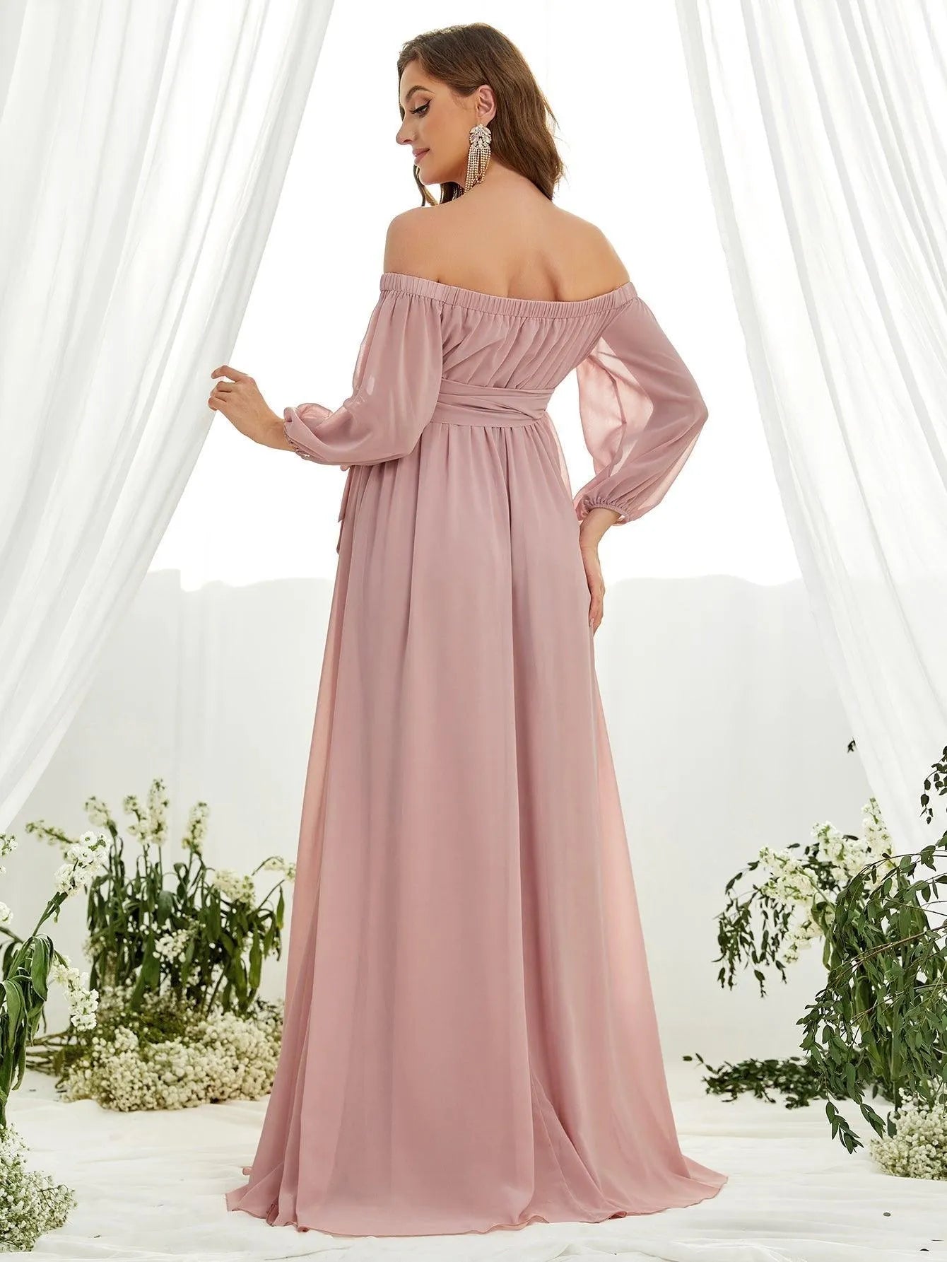 Maternity Off Shoulder Lantern Sleeve Chiffon Belted Dress