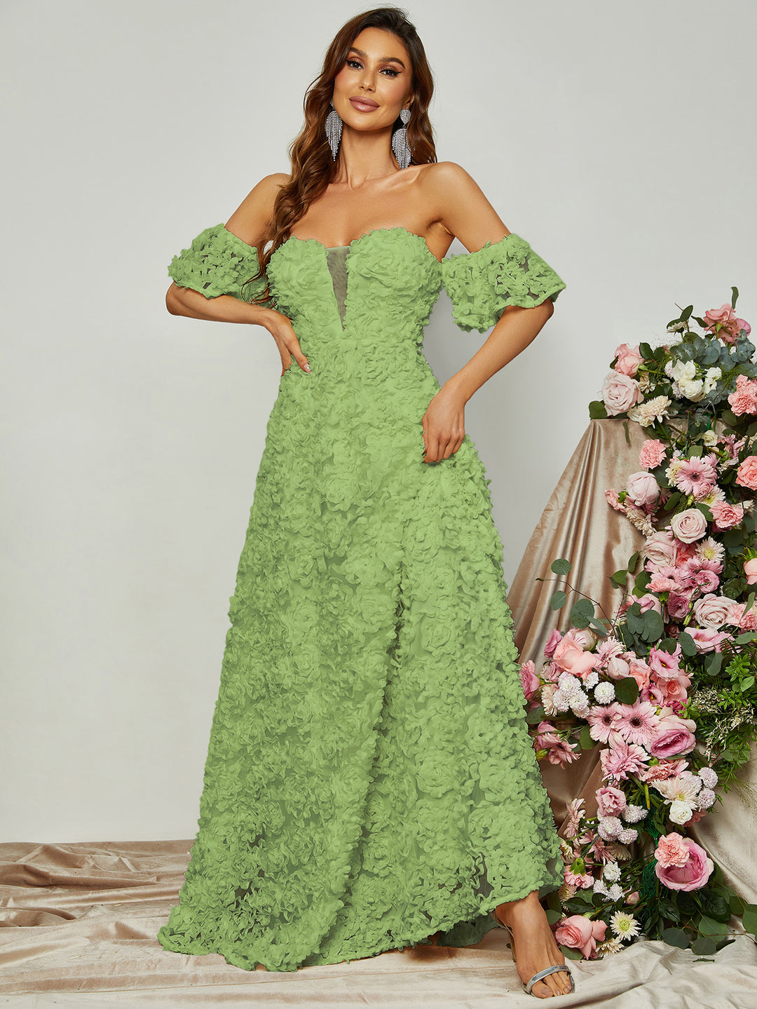 Off Shoulder 3D Flower A-Line Dresses