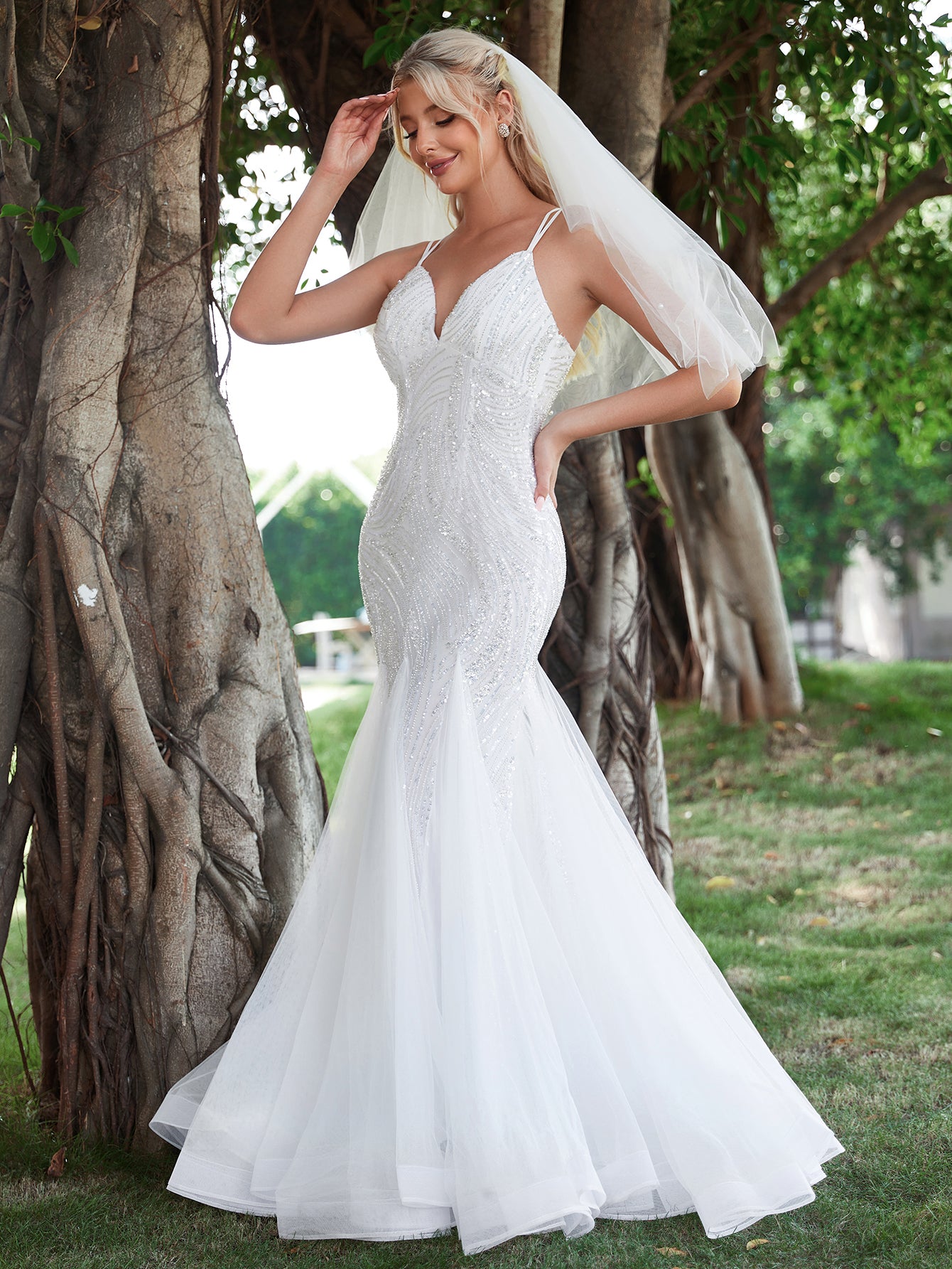 Mesh Insert Mermaid Hem Lace Up Backless Sequin Wedding Dresses