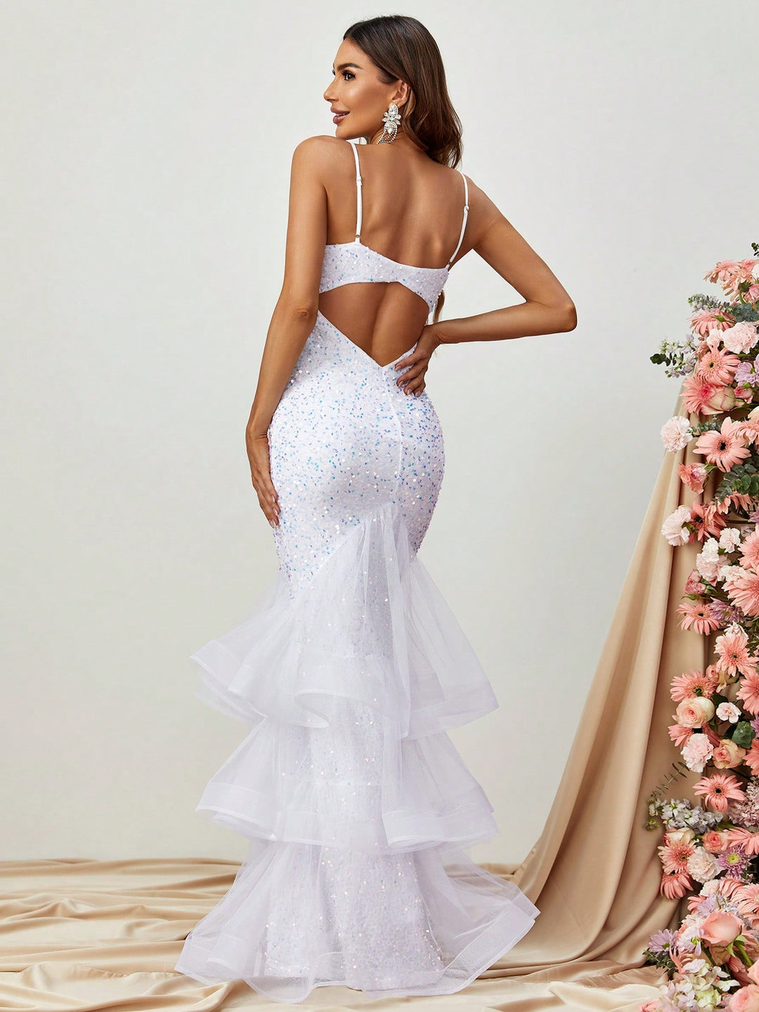 Spaghetti Strap Back Cut Out Sequin Layered Mermaid Dress