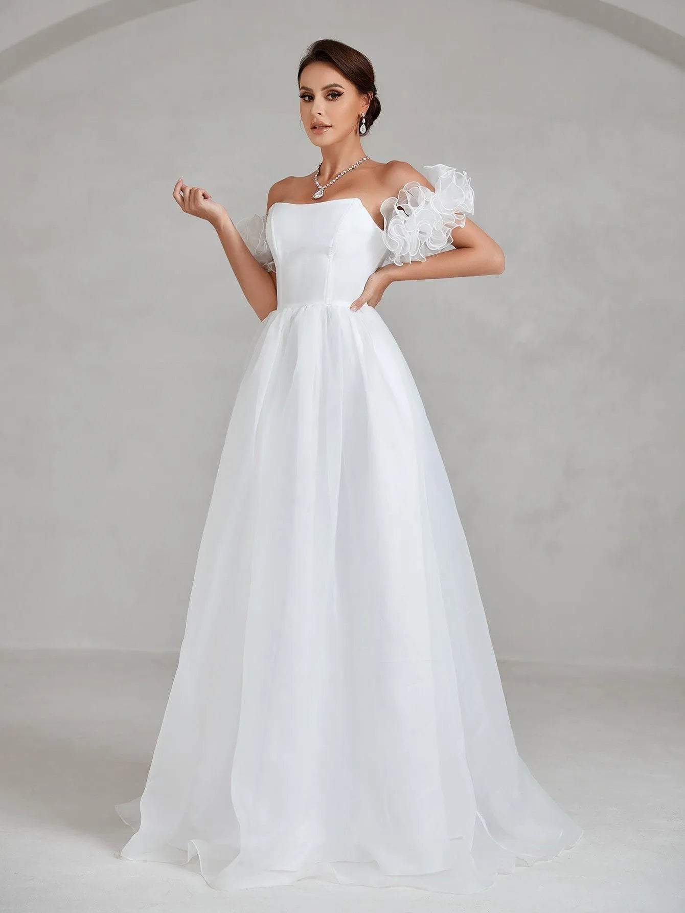 Ruffle Sleeve Organza Tube Wedding Dress