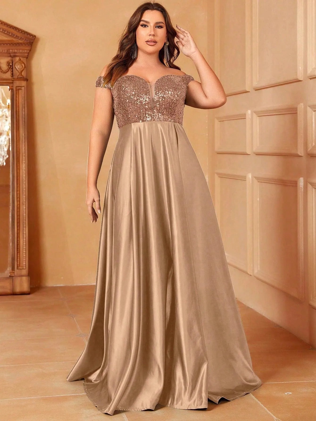 Plus Sweetheart Neckline Contrast Sequin Satin Prom Dress