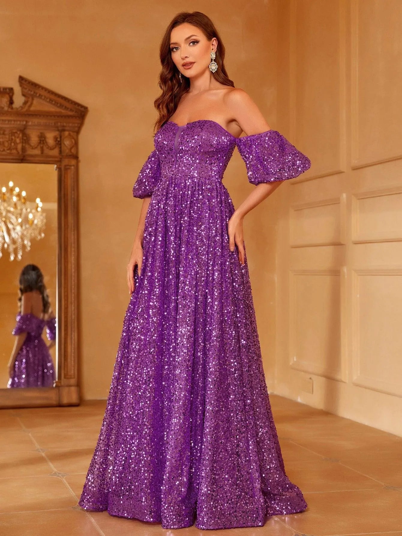 Off Shoulder Puff Sleeve Sequin A Line Dresses