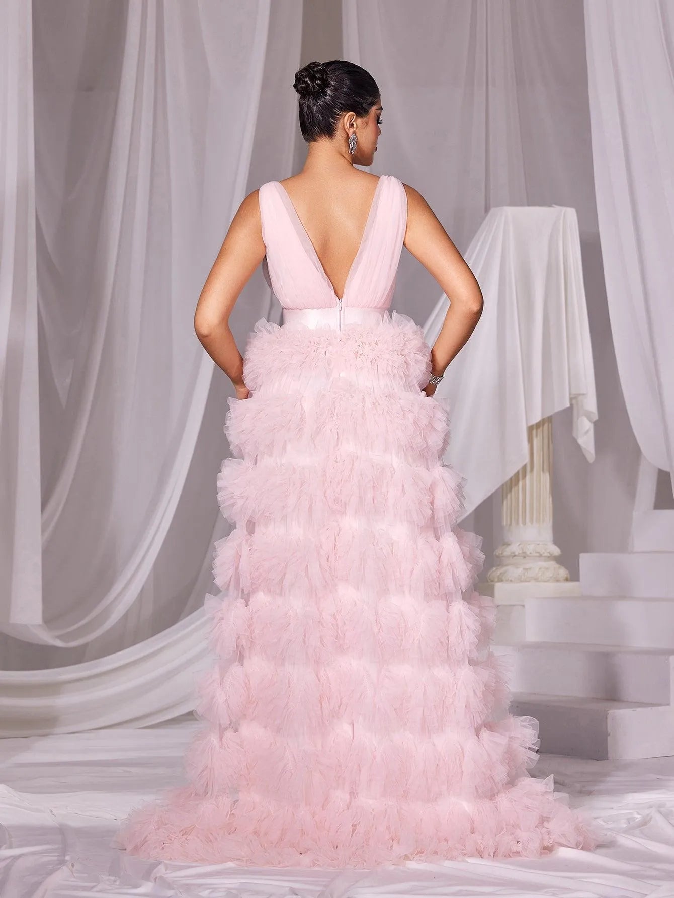 Plunging Neck Ruffle Layered Hem Cake Prom Dress